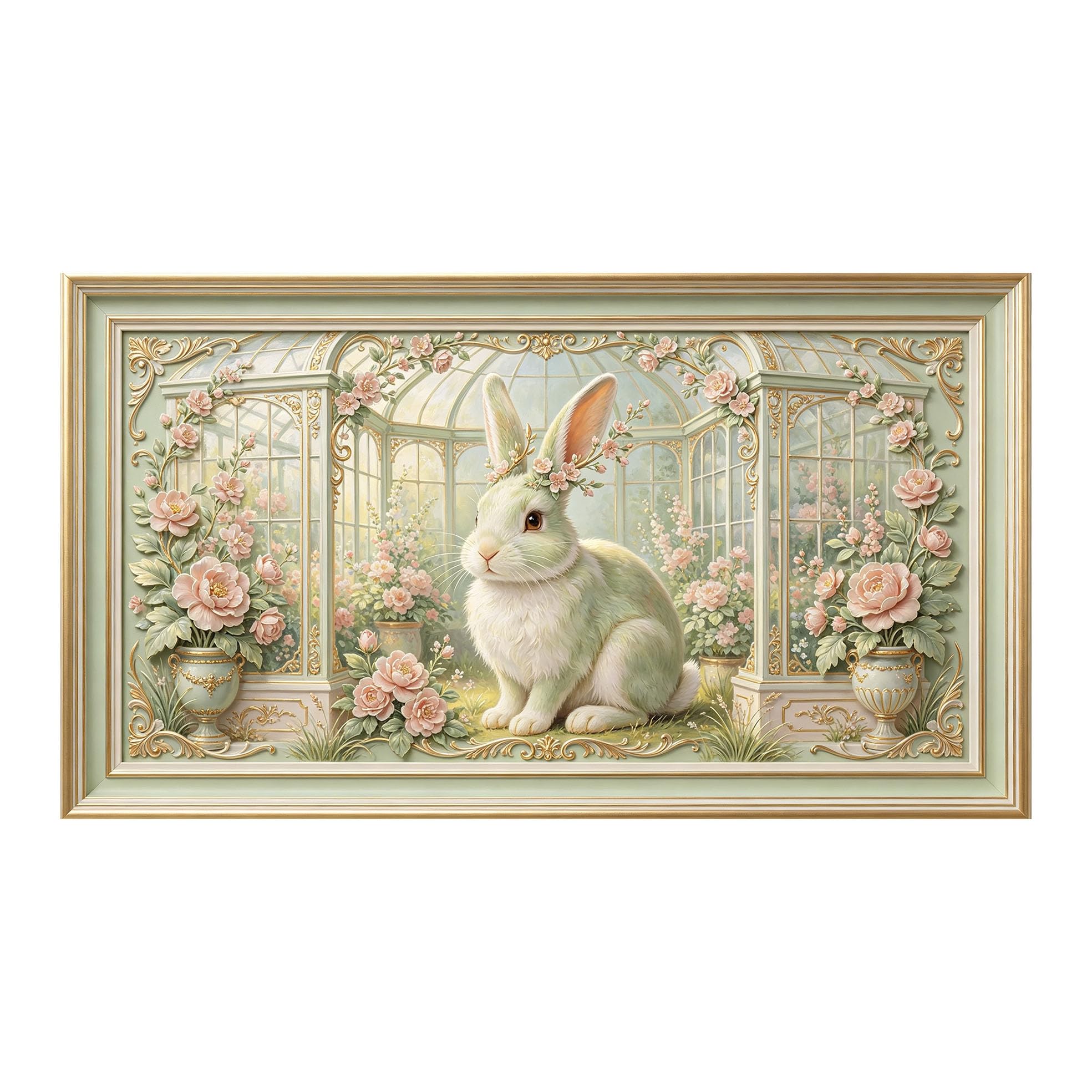 Yzpallescene 3D 3D Framed Wall Art 50cm×90cm Bunny Floral Garden Neoclassical Oil Painting Large Size SelfAdhesive Removable Wall Decor Prints Artwork for Living Room Bedroom Office