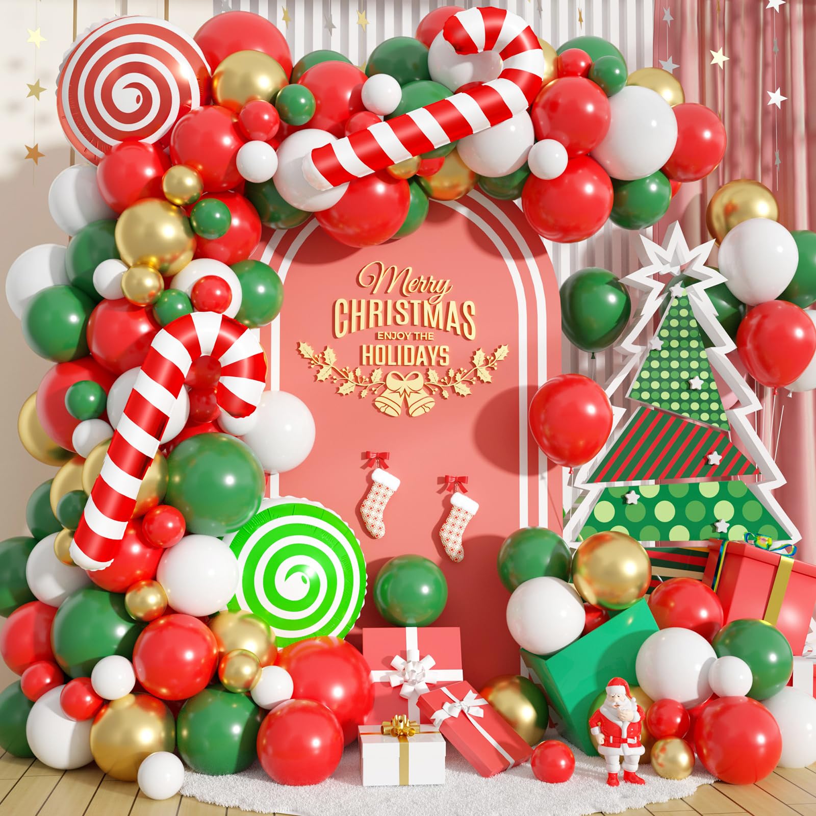 Christmas Balloon Arch Garland Kit 116 Pcs Red, Pink & Green Balloons With Candy Cane Designs For Holiday Parties A2 14688726