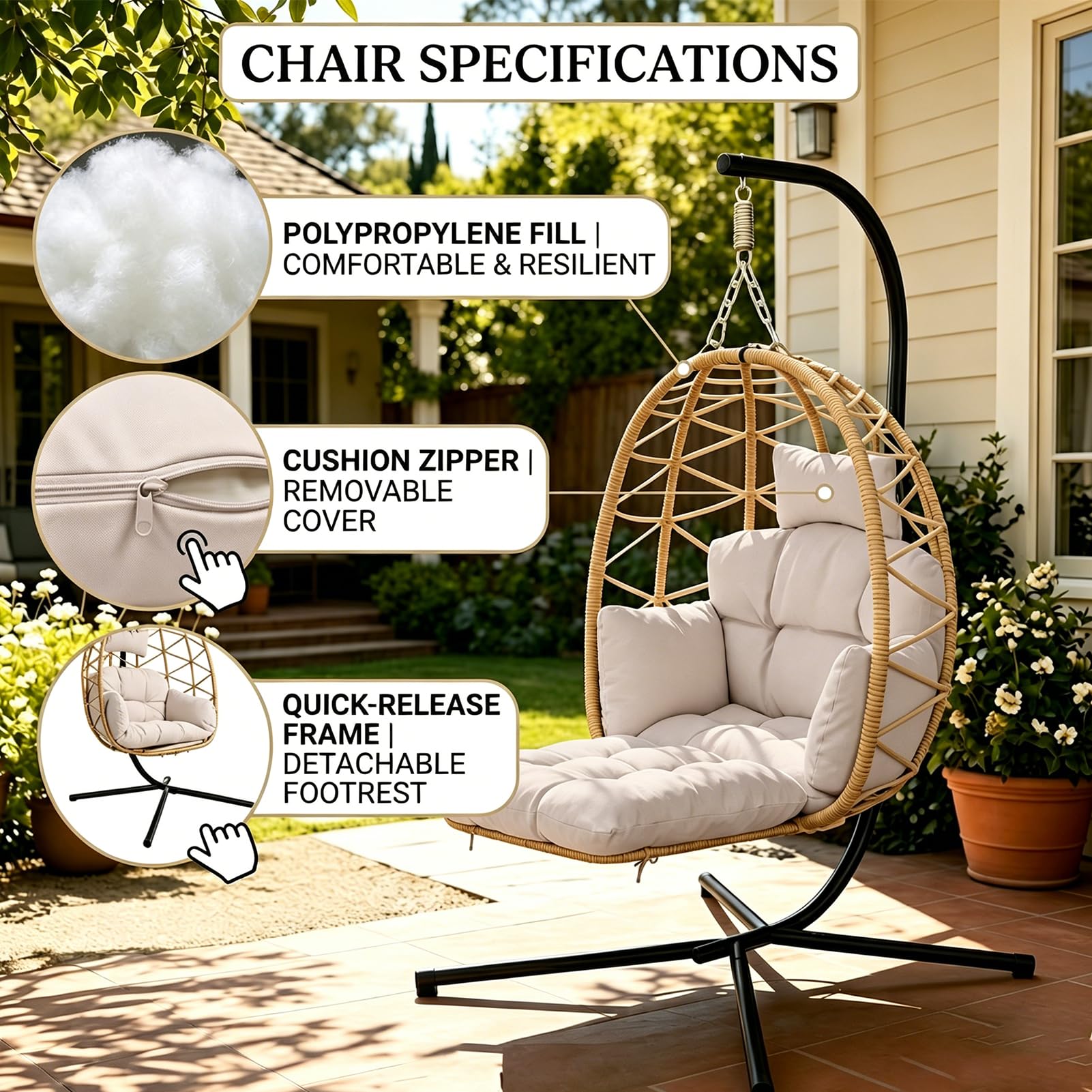 Poltrona sospesa con telaio, per interni ed esterni, fino a 150 kg, poltrona sospesa da giardino, con copertura impermeabile e lavabile, per balcone, terrazza (grigio)