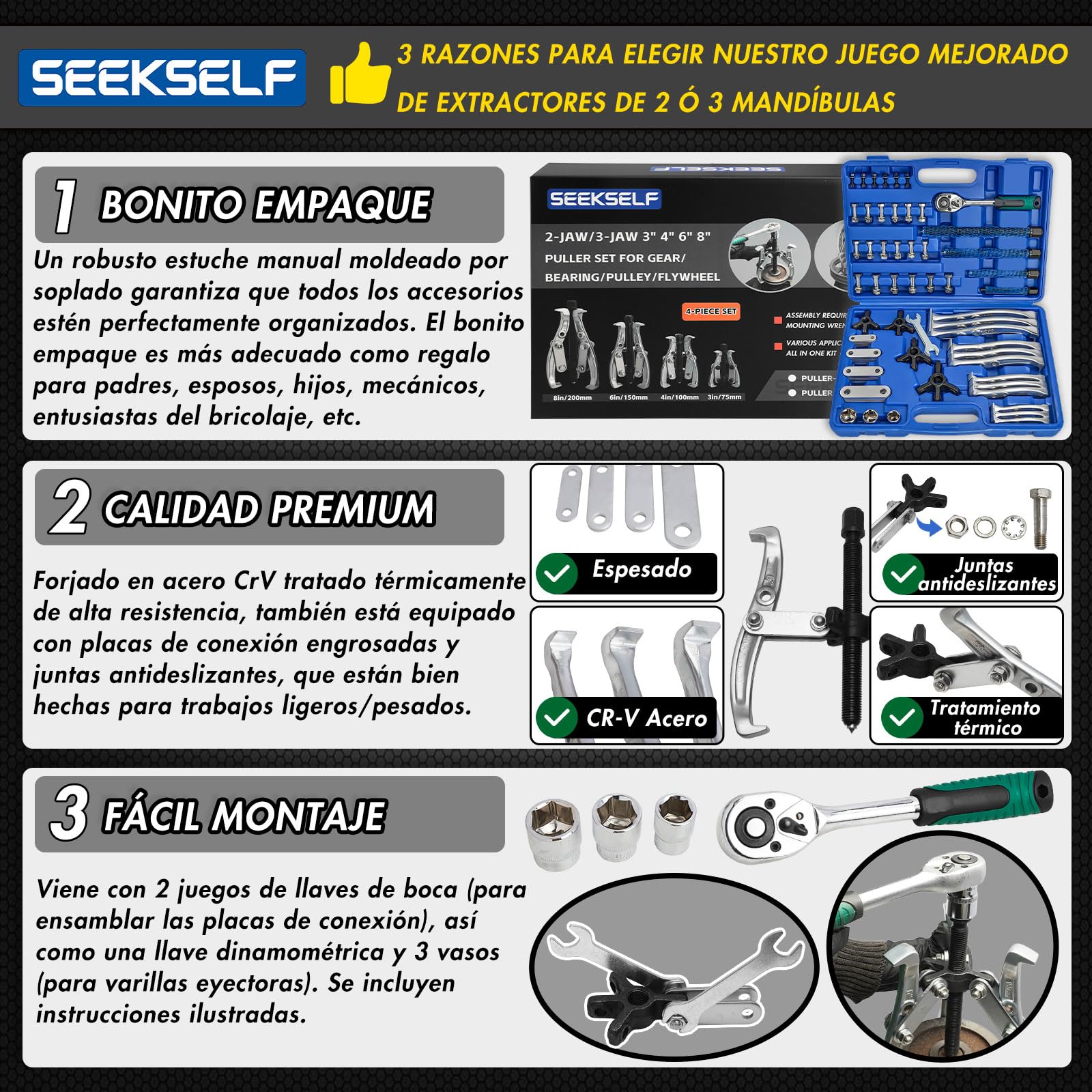 Juego de extractor de engranajes de 3", 4", 6" y 8" pulgadas, kit de extractor de rodamientos de 2 mandíbulas/3 mandíbulas con llave dinamométrica, herramienta de tracción resistente