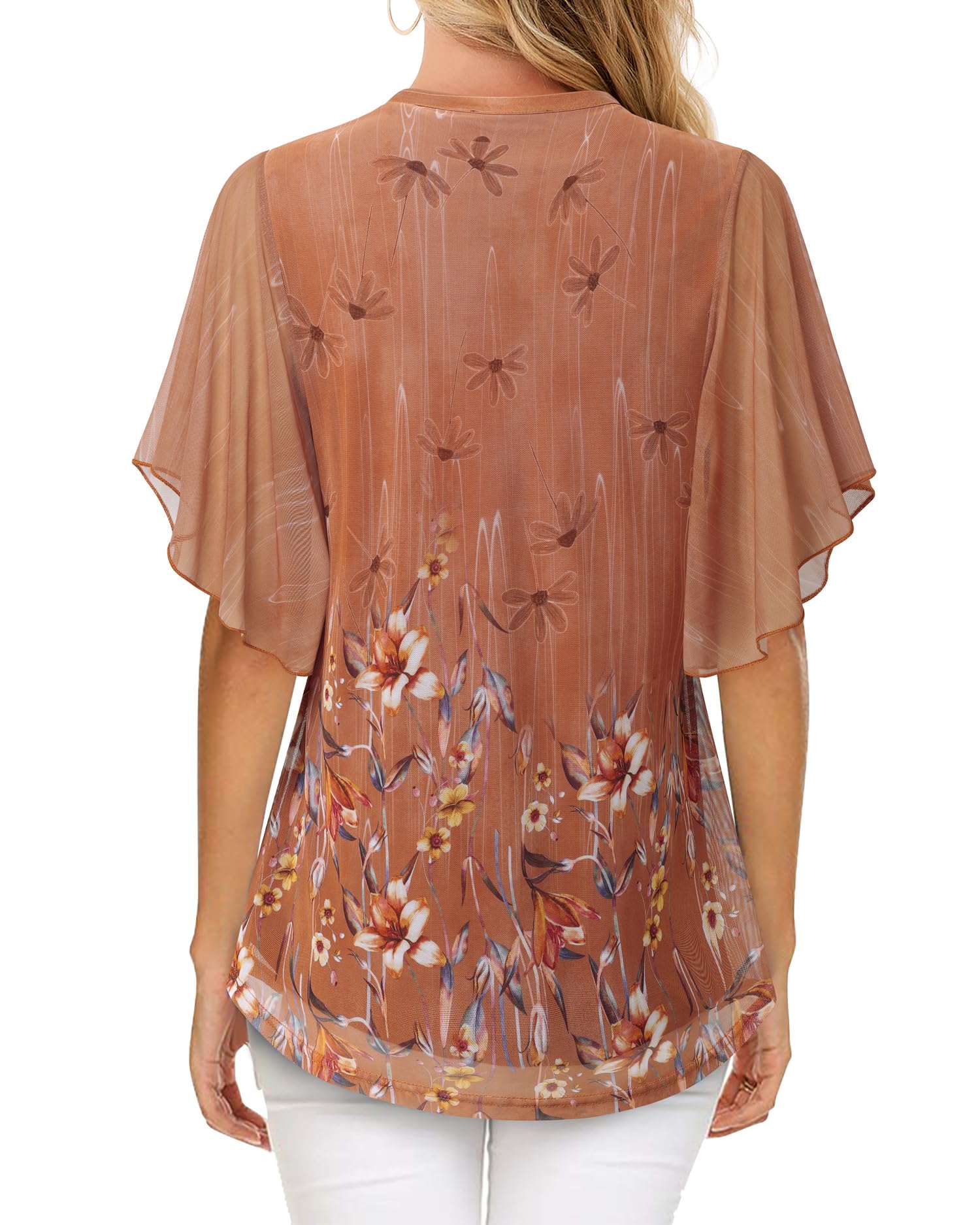 Vafoly Chemisier d'été élégant à manches courtes, col en V, en maille, motif floral, double couche