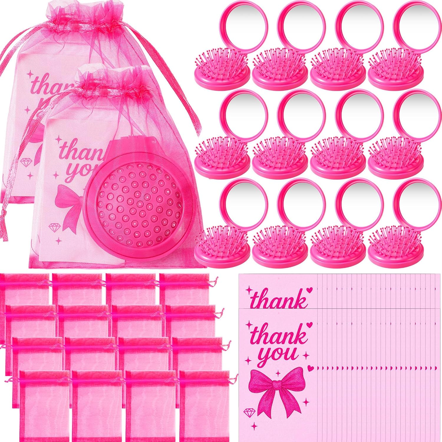 24 Sets Employee Appreciation Gifts for Women with Folding Travel Mirror Hair Brush Organza Bags Cards Mini Round Mirror Pocket Brush for Female Staff Women's Day Mother's Day