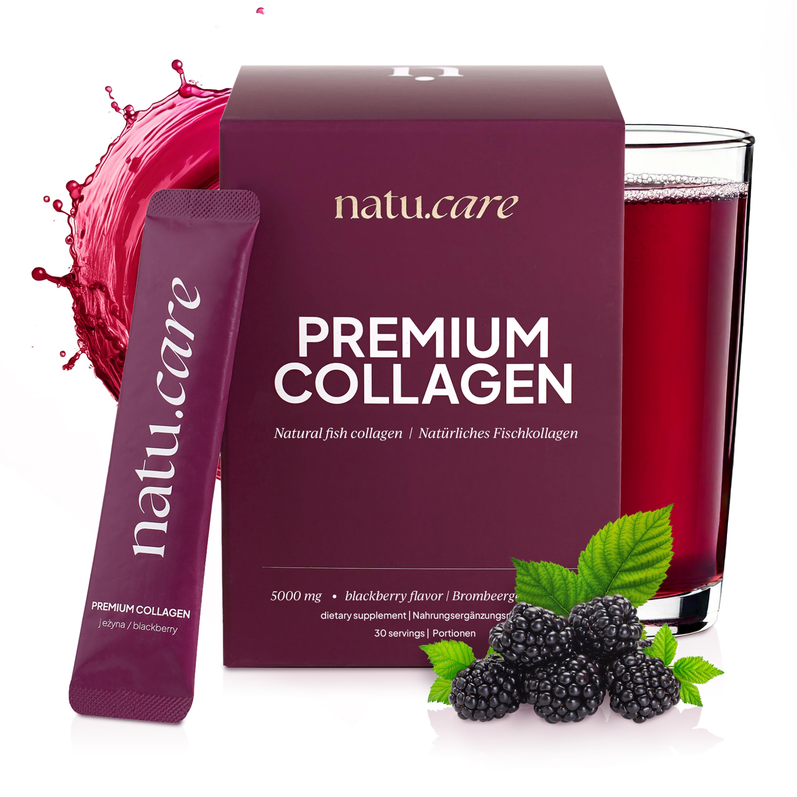 natu.care - Natürlich Collagen Pulver 5000 mg - Kollagen Pulver Hydrolysat - Marine Collagen Powder mit Vitamin C - Peptide Typ 1 - Kolagenpulver Hochdosiert Haut (30 Portionen, Brombeere)