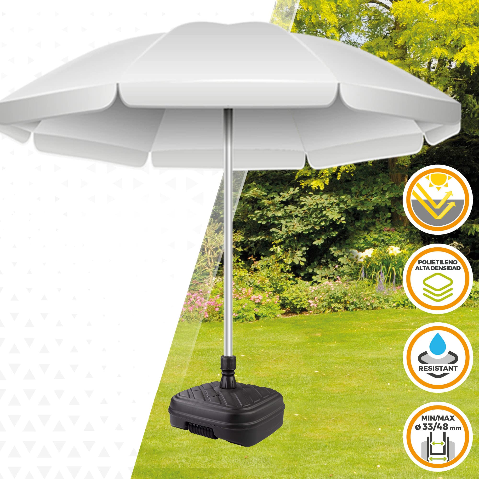 AKTIVE 61133 - Pied de Parasol de Terrasse Extérieur Rectangulaire Noir, Résistant à l'eau et au Soleil, Pied de Parasol avec Réservoir d'eau ou de Sable, avec Roue pour Un Transport Facile
