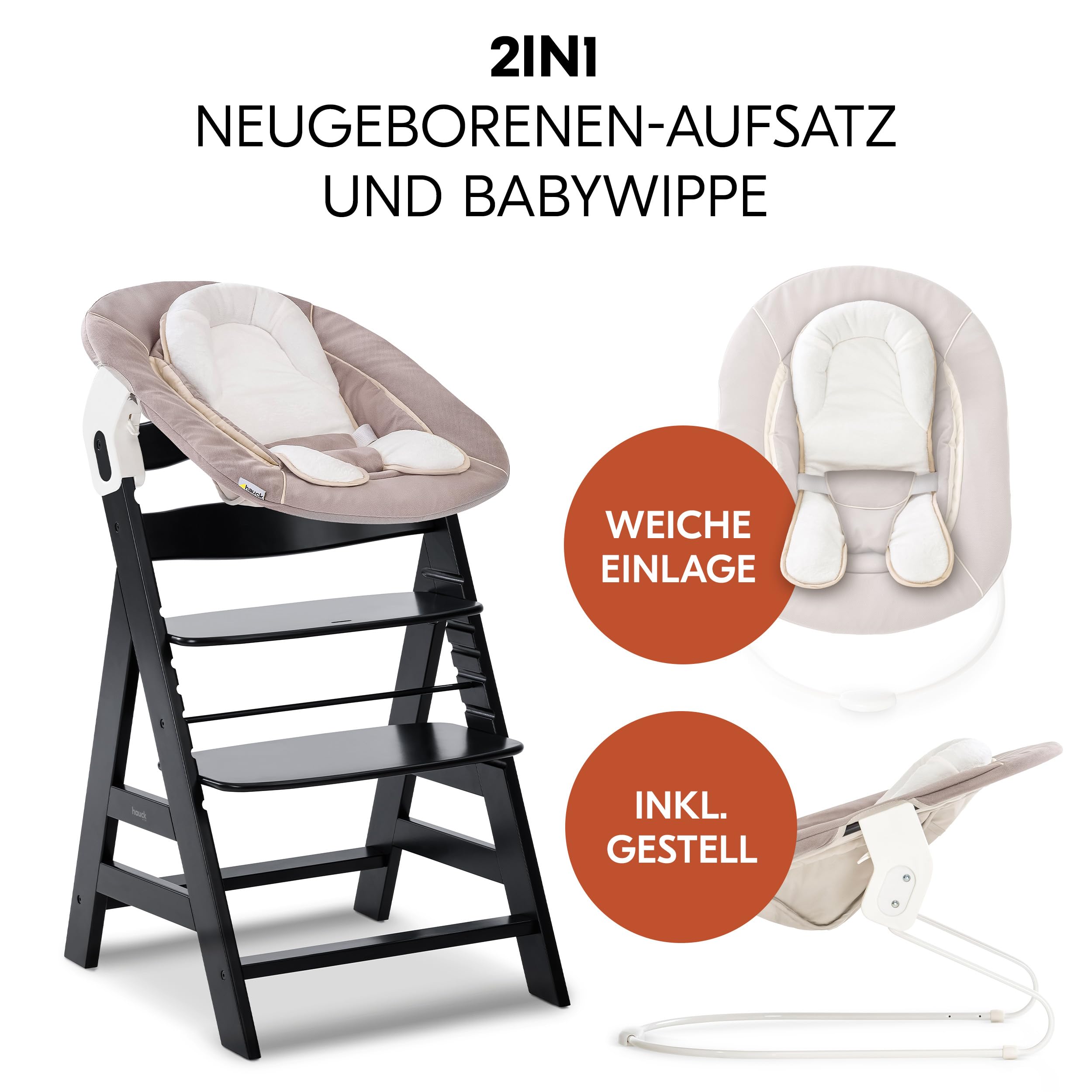 hauck Alpha+ Hochstuhl Newborn Set mit 2in1 Bouncer - Schwarz | Mitwachsender Holz Kinderhochstuhl ab Geburt bis 90 kg | inkl. Neugeborenenaufsatz & Sitzkissen