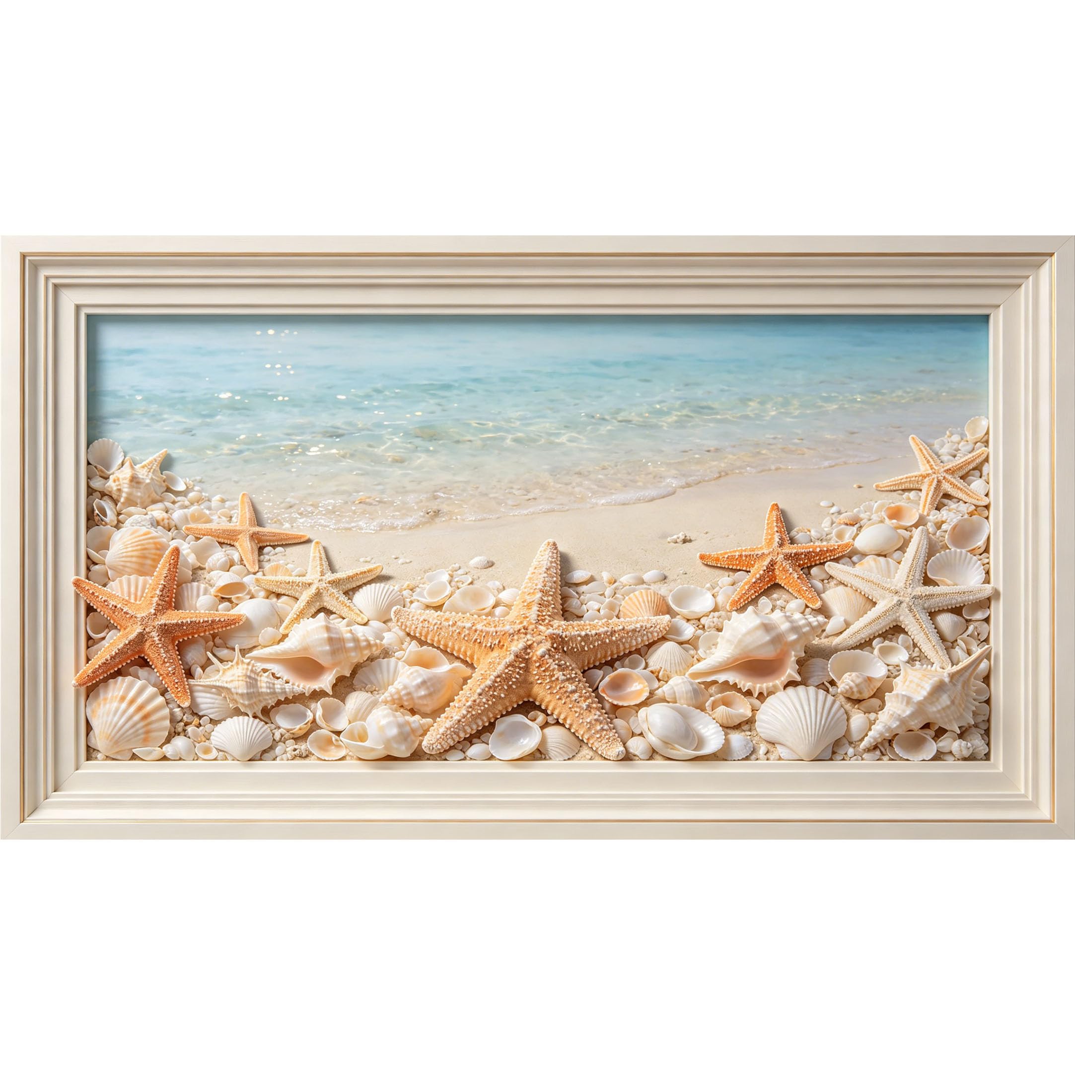 QZLITHOTIC 50×90cm3D Framed Wall Art， Coastal Starfish Seashell Beach Mural， Water?Activated Peel & Stick Fabric Decor Wall Decal for Bedroom Living Room