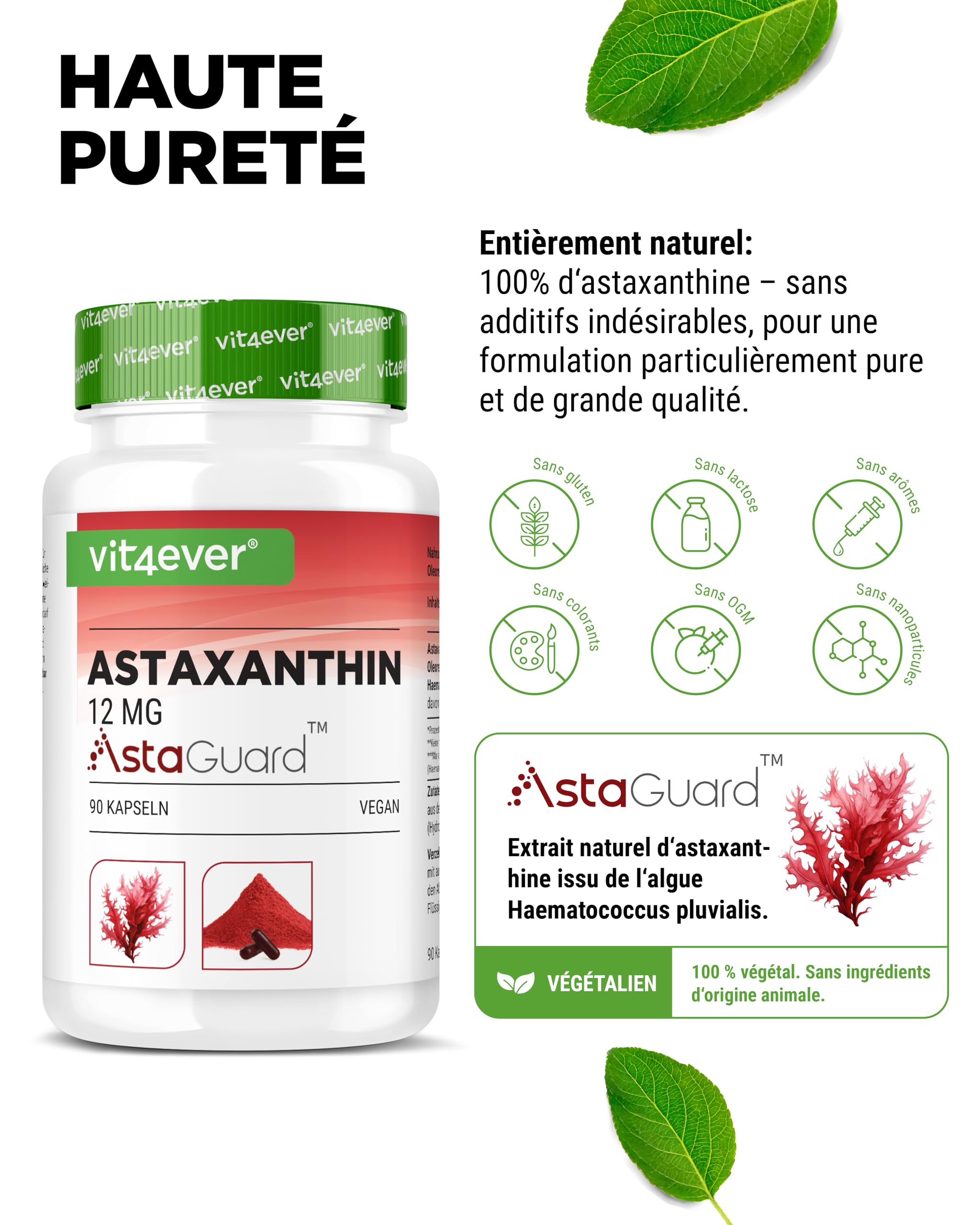 vit4ever Astaxanthine 12 mg AstaGuard® - 90 Gélules Vegan - Hautement Dosé - Réserve de 6 Mois - Oléorésine Premium de Haematococcus pluvialis