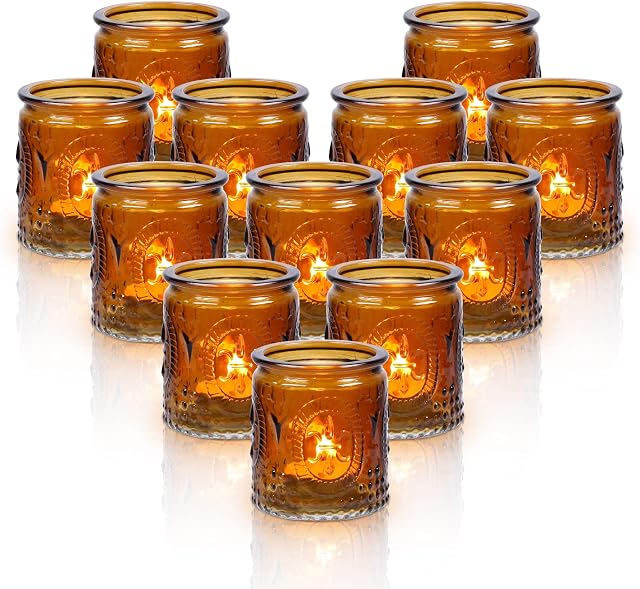 SISVIV Set of 12 Tea Light Glasses, Vintage Tea Light Holder, Glass Candle Holder Set, Candle Jars for Wedding, Holiday, Garden, Christmas, Home Decoration (Brown)
