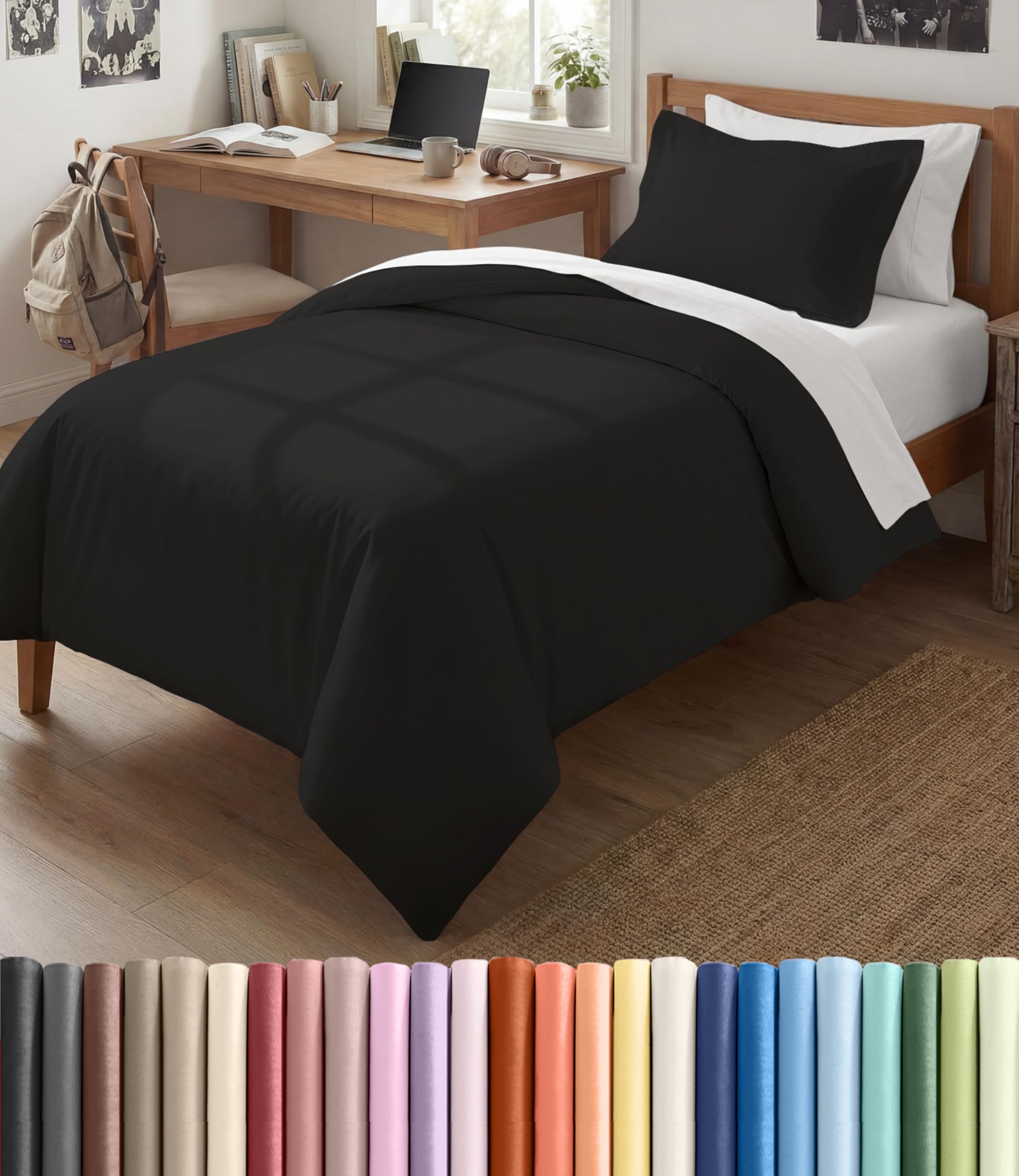 Duvet Cover Twin/Twin XL - 2 Piece Set, College Dorm Room - Black