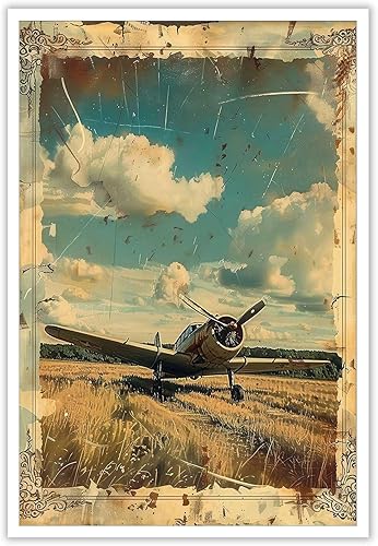 Póster de lienzo vintage de avión aterrizando un avión en la hierba, arte de pared de los años 90, diseño de biplano con temática de aventura para