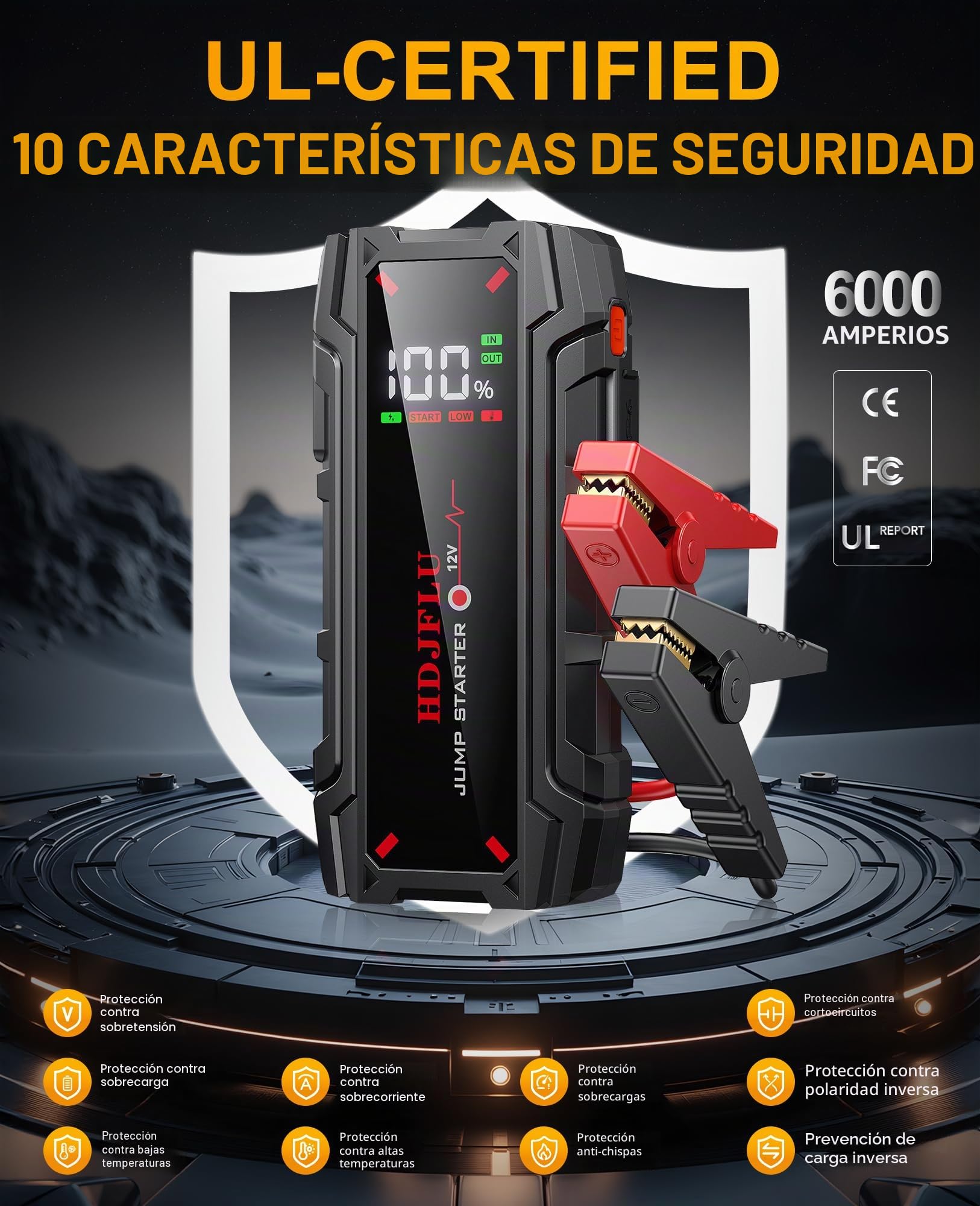 Batería de Arranque de Coche, 6000 amperios, Corriente portátil certificada, Gasolina 8l y Diesel 6l, Booster 12v, USB, LED para Camiones, caravanas y Barcos