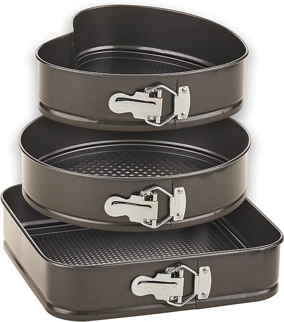 ARIANA HOMEWARE Spring Form Pan Set with Heart Round & Square Shape - Leak Proof Cake Mold for Baking Enthusiast  Deep Cake Tin Baking Set with Removable Bottom (24CM x 26CM x 28 CM) Set of 3