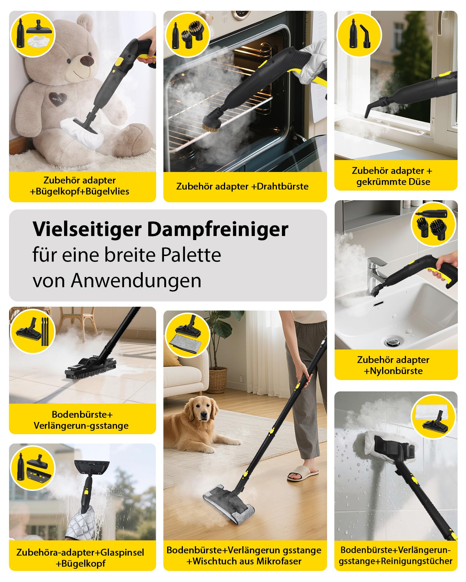 Dampfreiniger mit 23 Zubehörteilen und 5 Meter Netzkabel für die Reinigung von Öfen, Teppichen, Sofas, Polstern, Spielzeug und glatten Böden.