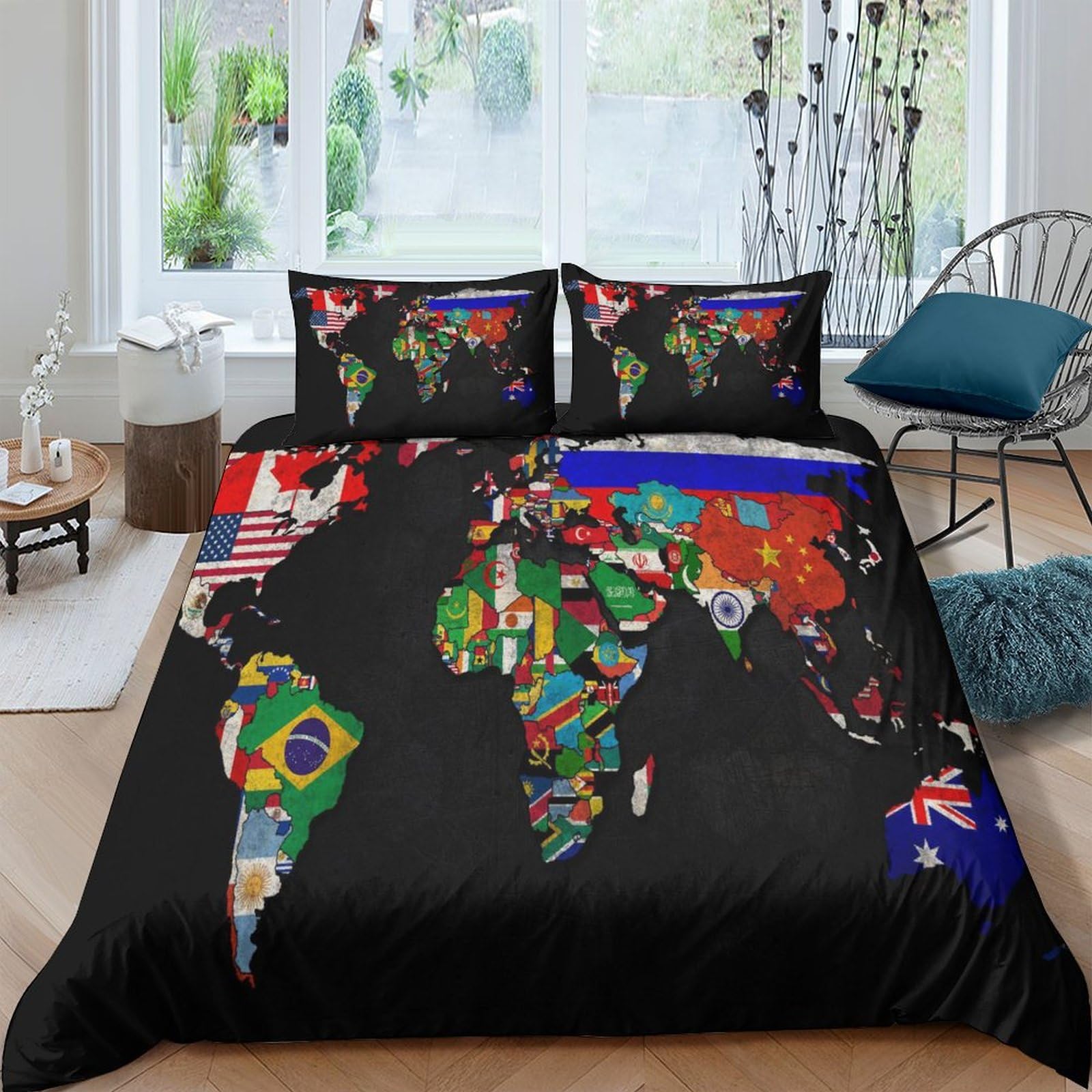 Funda nórdica de mapa del mundo 3 piezas para cama doble de microfibra suave infantil