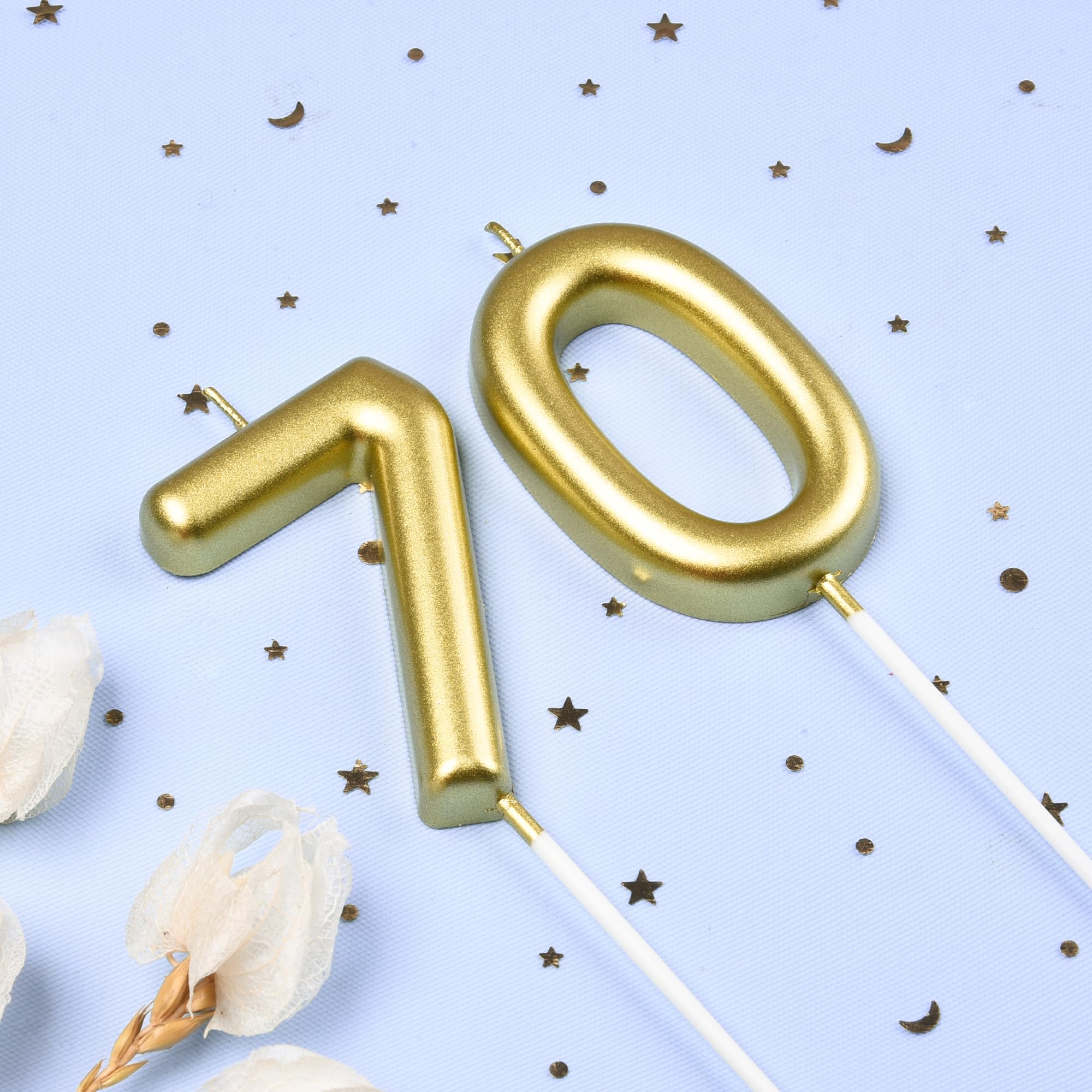 Velas clásicas de cumpleaños de 70 números dorados de 2.76 pulgadas, velas de números dorados, velas de números de pastel, celebración de fiesta