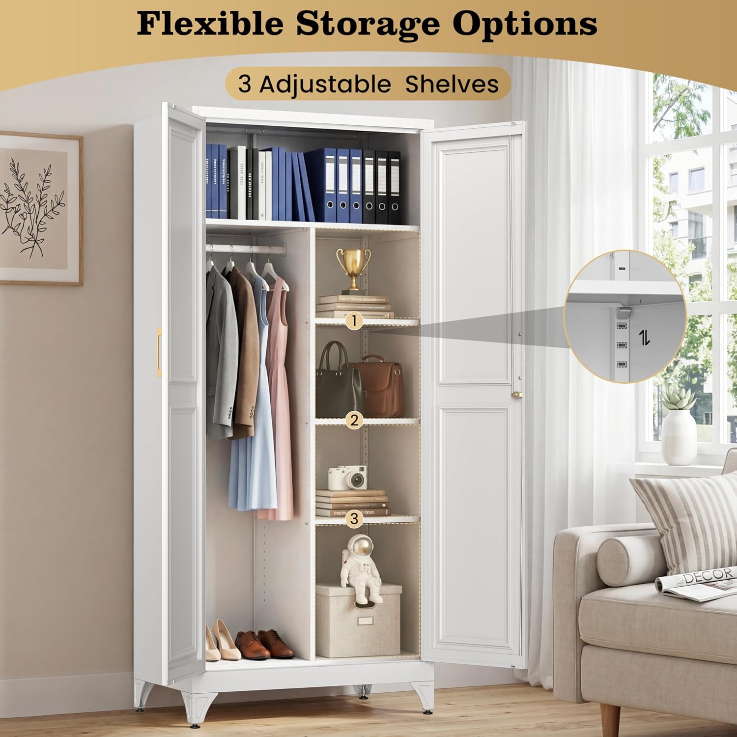 71" White Metal Wardrobe Closet with Lock, Tall Storage Cabinet with Hanging Rod & 3 Adjustable Shelves, Heavy Duty Steel Armoire for Bedroom, Laundry, Home Office, Minimalist Design