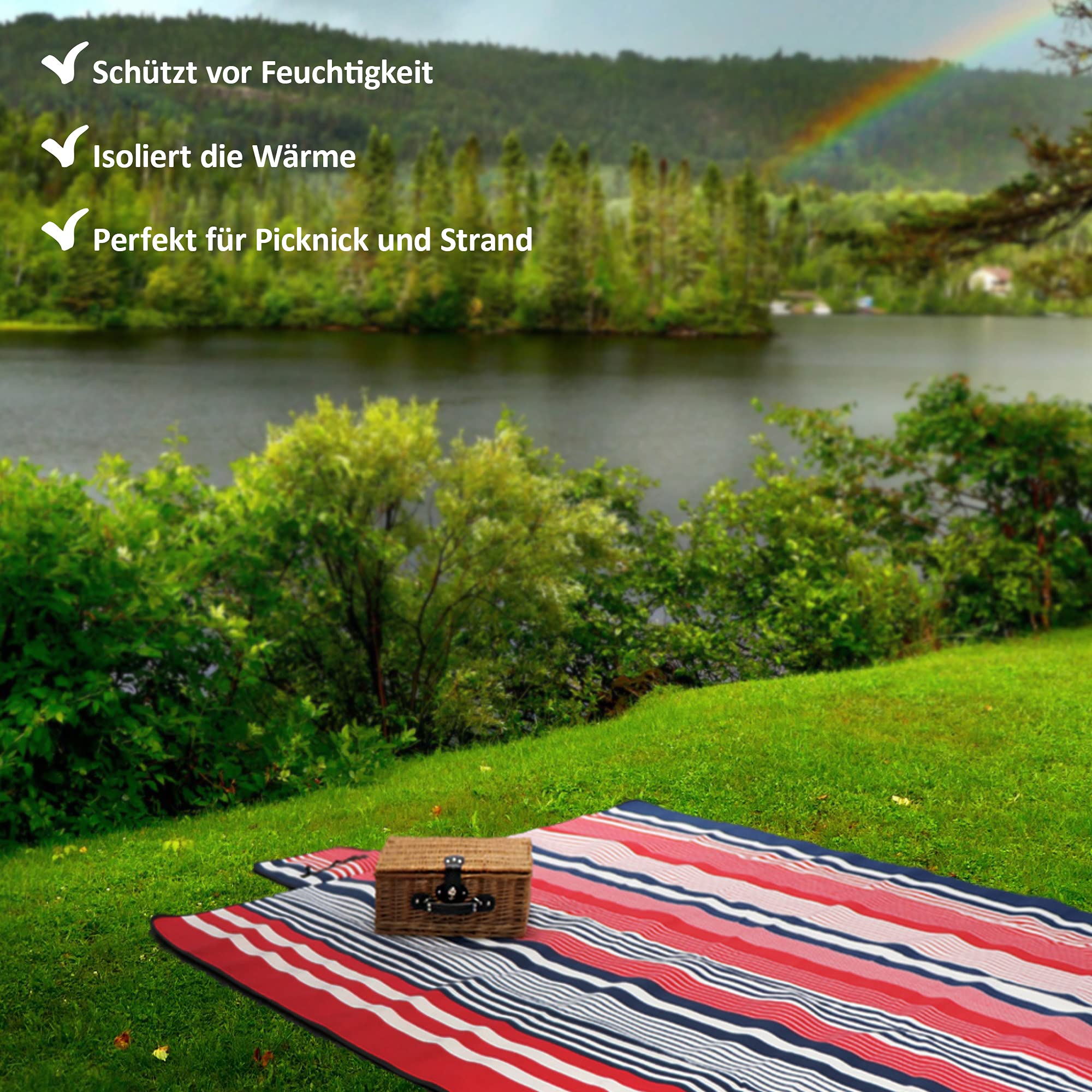 Manta de Picnic XXL - Manta de Camping Enorme con diseño de Rayas - Manta de Playa con protección contra la Humedad y Aislamiento térmico - 200 x 220 cm