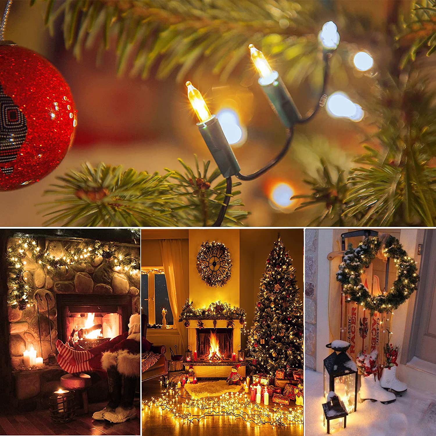 Lot de 4 guirlandes lumineuses de Noël à piles, 5,2 m, 50 LED, 8 modes, mini lumières étanches pour extérieur, intérieur, arbre de Noël, couronne de mariage, jardin, décoration de fête (blanc chaud)