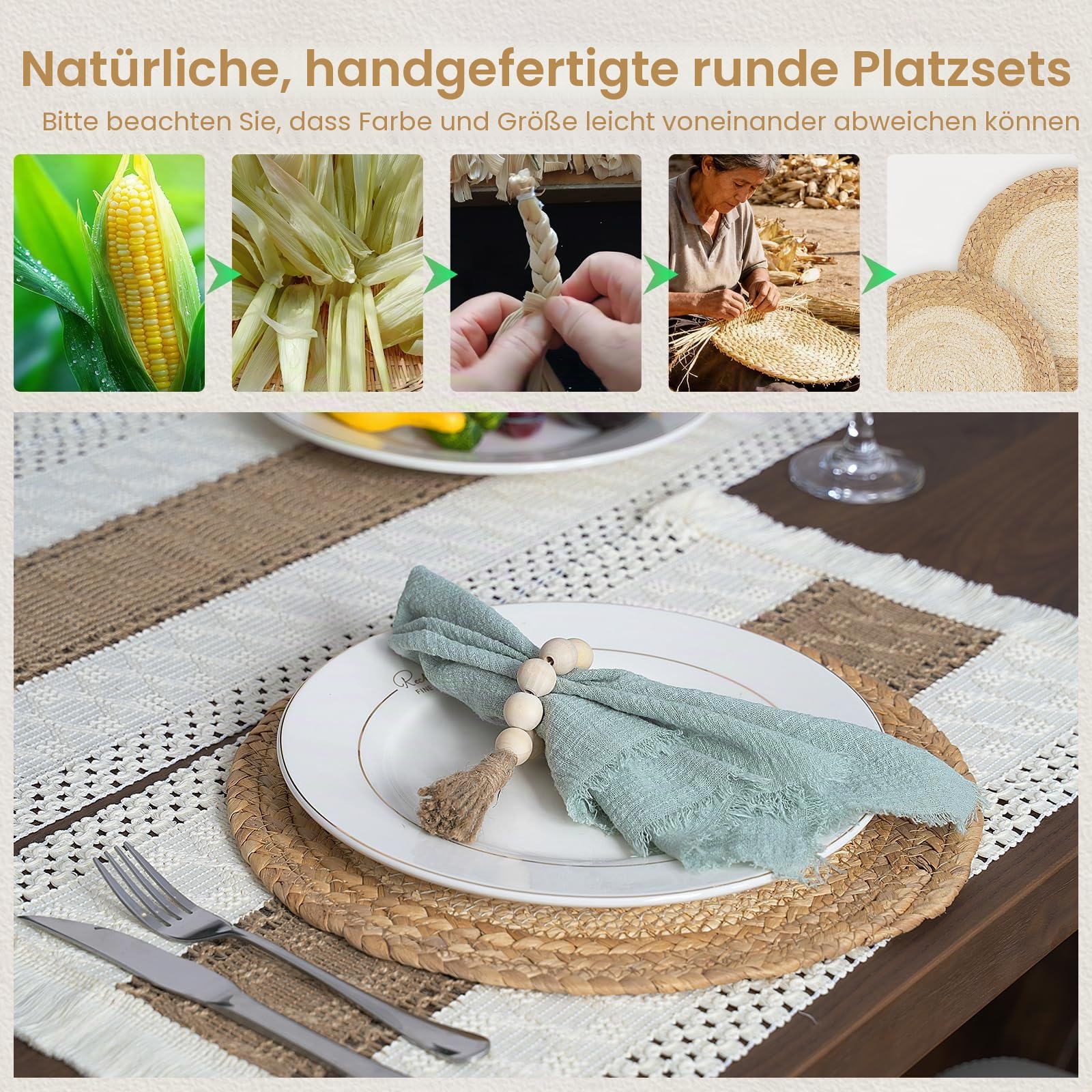 Boho-Tischsets, gewebt, für Familienessen, Urlaub, Küche, Tischdekoration, natürliche, runde Tischsets aus Klettengras und Maisschale, umweltfreundlich, 6 Stück