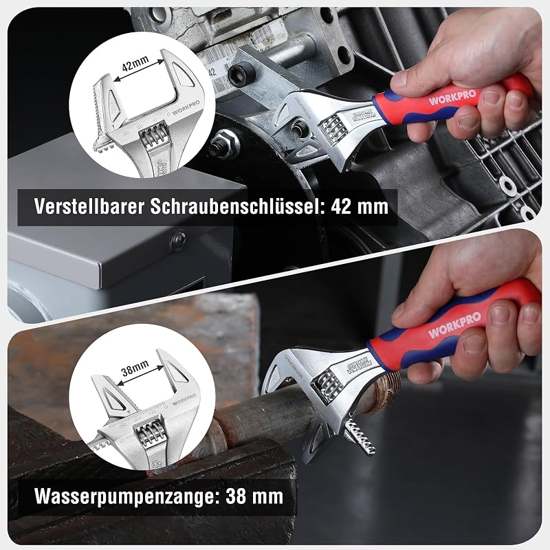 WORKPRO 2 az 1-ben Állítható Villáskulcs és Csőfogó - 42 mm-ig Nyitható, Króm-Vanádium Acél, Csúszásmentes Markolattal, 20 cm
