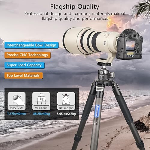 Miniatura 2 de Trípode de fibra de carbono para cámara resistente con cabezal de bola de perfil bajo de 2.126 in XB54, 10 capas de fibra de carbono de 1.57