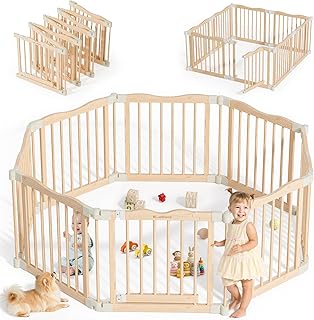Foldable Wooden Playpen - Adjustable Wood Baby Play Yard with Child-Proof Lock, Indoor Large Safety Fence for Babies and Toddlers - Easy Assembly, 8 Panels, Nature Nest