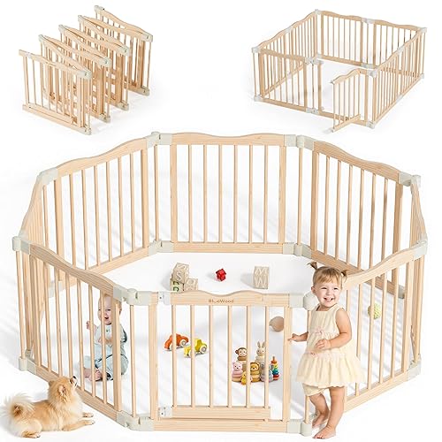 Miniatura 1 de Corralito de madera plegable Patio de juegos de madera ajustable para bebés con cerradura a prueba de niños, valla de seguridad grande para