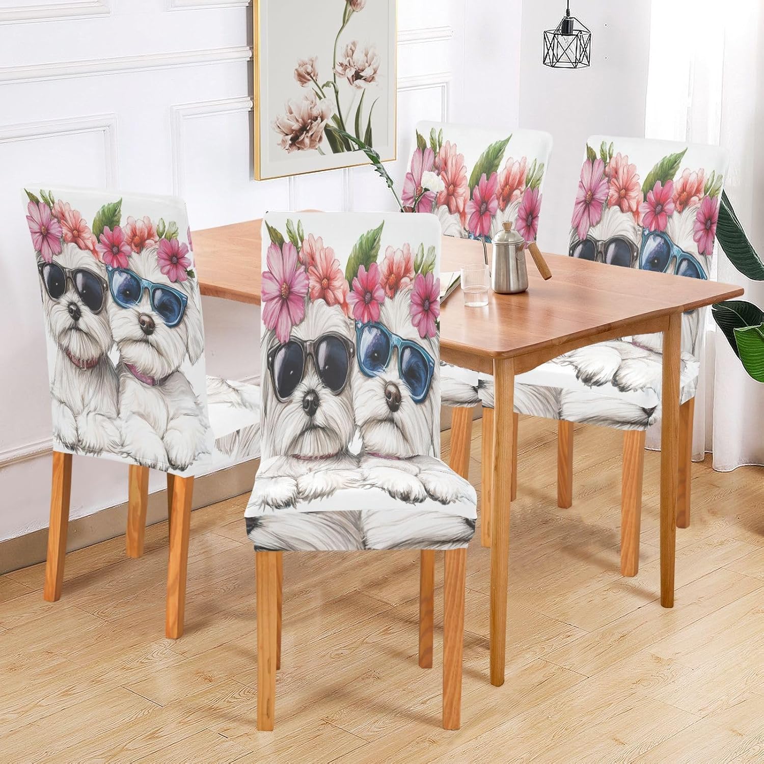 ALAZA Chair Covers for Dining Room, Two Puppy Dogs with Sunglasses Flower Stretch Chair Cover Sets Chair Protector Removable Washable for Ktichen Restaurant Hotel