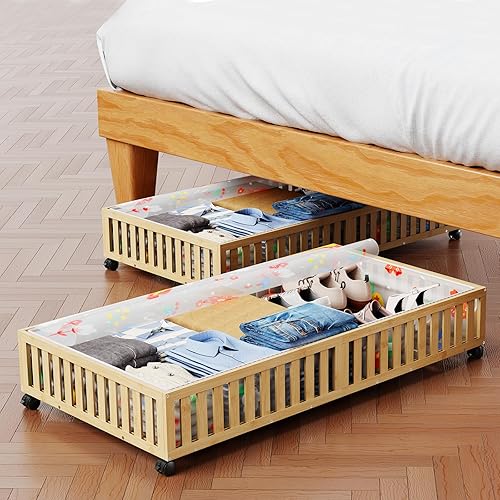 Paquete de 2 contenedores de almacenamiento de bambú debajo de la cama, almacenamiento debajo de la cama con ruedas y bolsa de polvo de gran