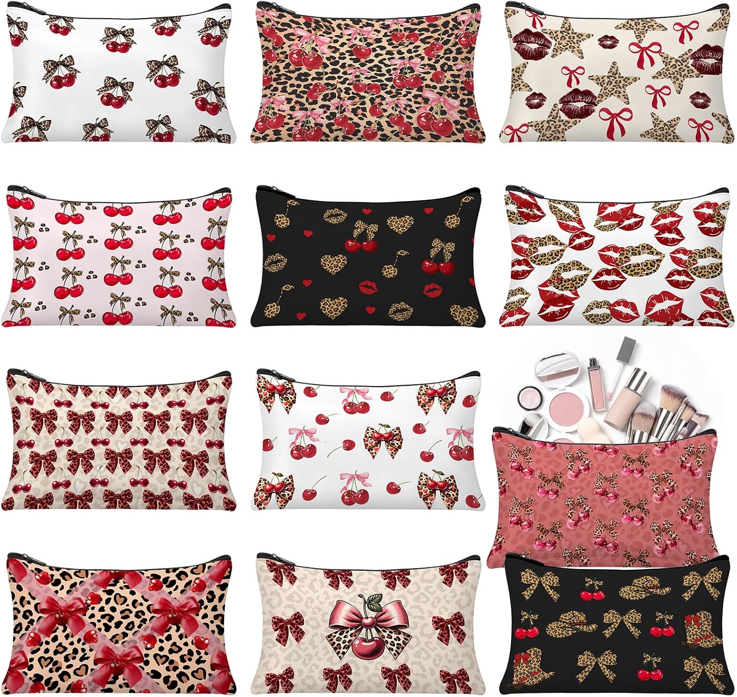 Kacctyen 12 Pcs Cheetah Cherry Makeup Bags Leopard Cherry Cosmetic Pouches