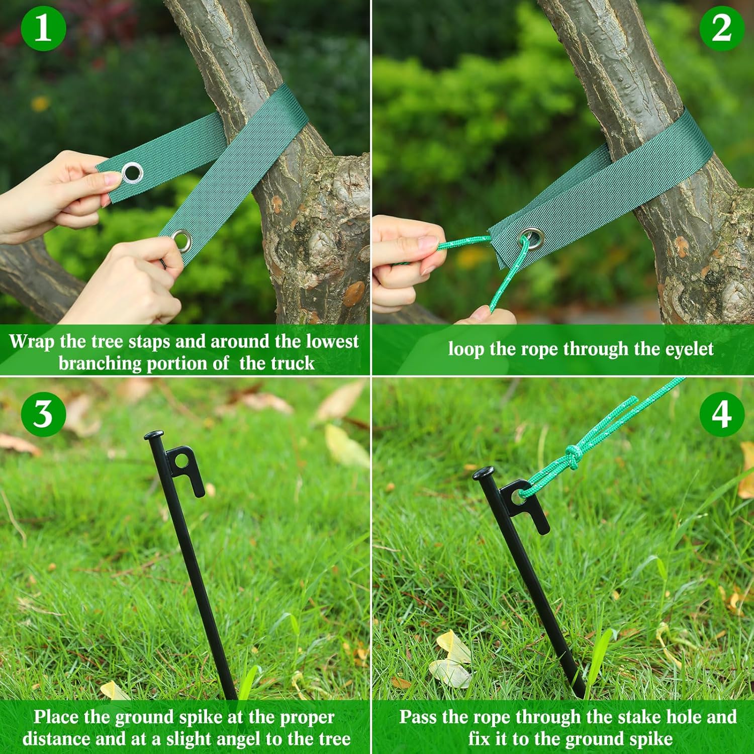 Sintuff 36 Pcs Heavy Duty Tree Stake Kits Stake and Support for Young Leaning Tree Anchor Straightening Kit, 15.8'' Support Straps, 11.8'' Steel Stakes, 13.12ft Rope(Green)