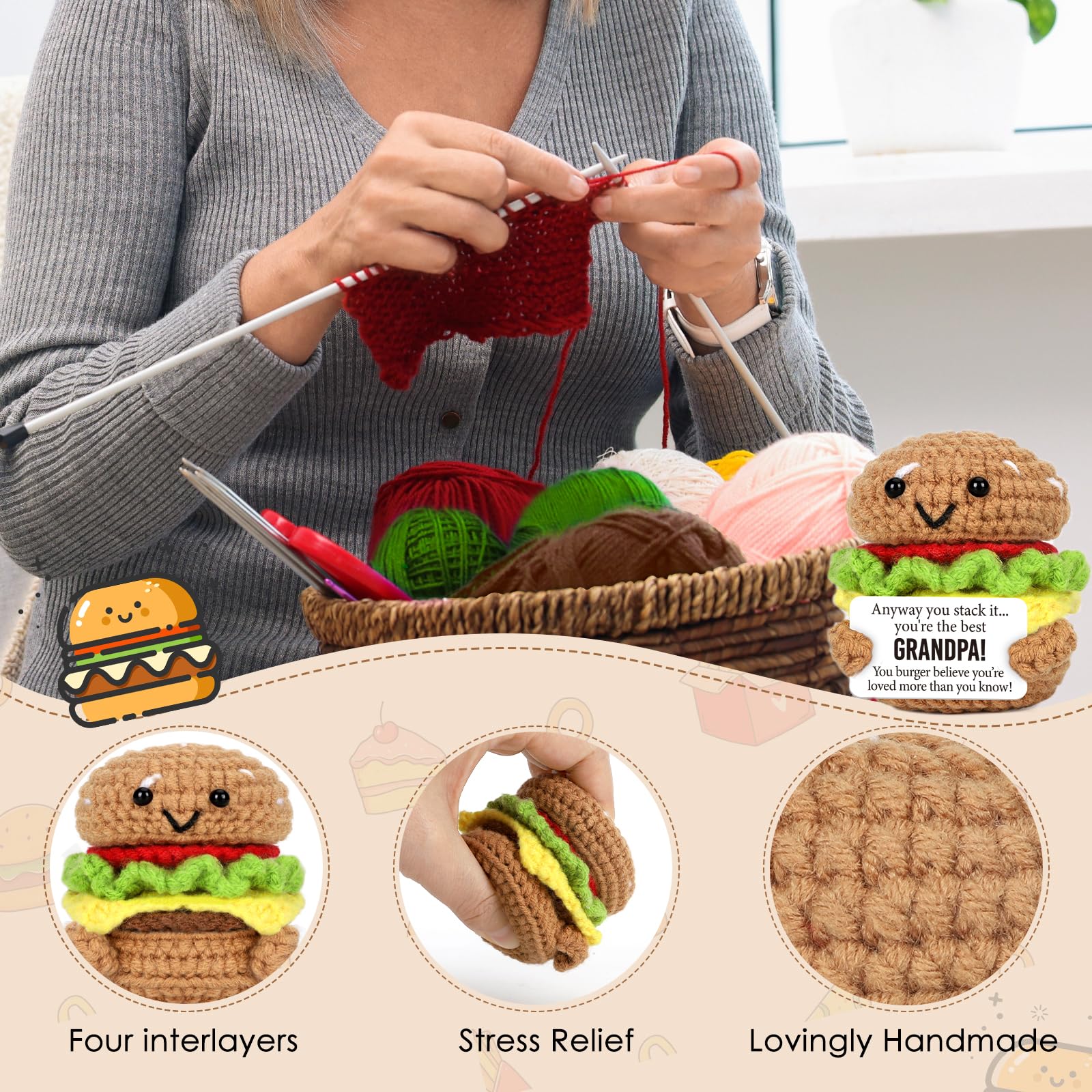 Mini Fathers Day Birthday Gifts for Grandpa from Granddaughter Grandson Handmade Crochet Burger Birthday Gifts for Grandfather Thank You Gift for Papa New Grandfather Bonus from Grandkids