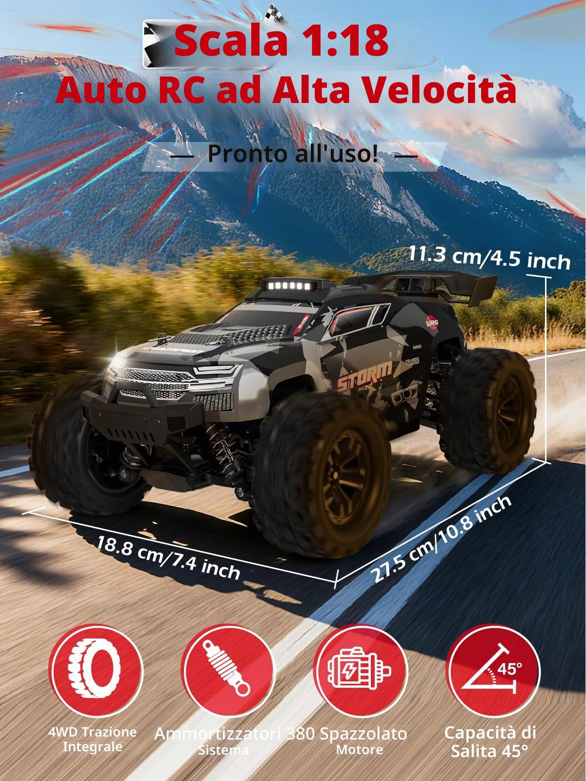 Kiztoys Macchina Telecomandata - 2,4 GHz RC Car Alta Velocità Offroad 40 km/h 1:18, 4WD Auto Radiocomandata con 2 Batterie 70 Minuti, Monster Truck Crawlers Regadi per Bambini Adulto