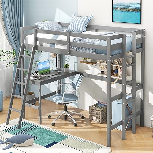 Giantex Cama tipo loft de tamaño individual con escritorio, cama alta de madera maciza con 2 escaleras y barandilla de longitud completa, marco de