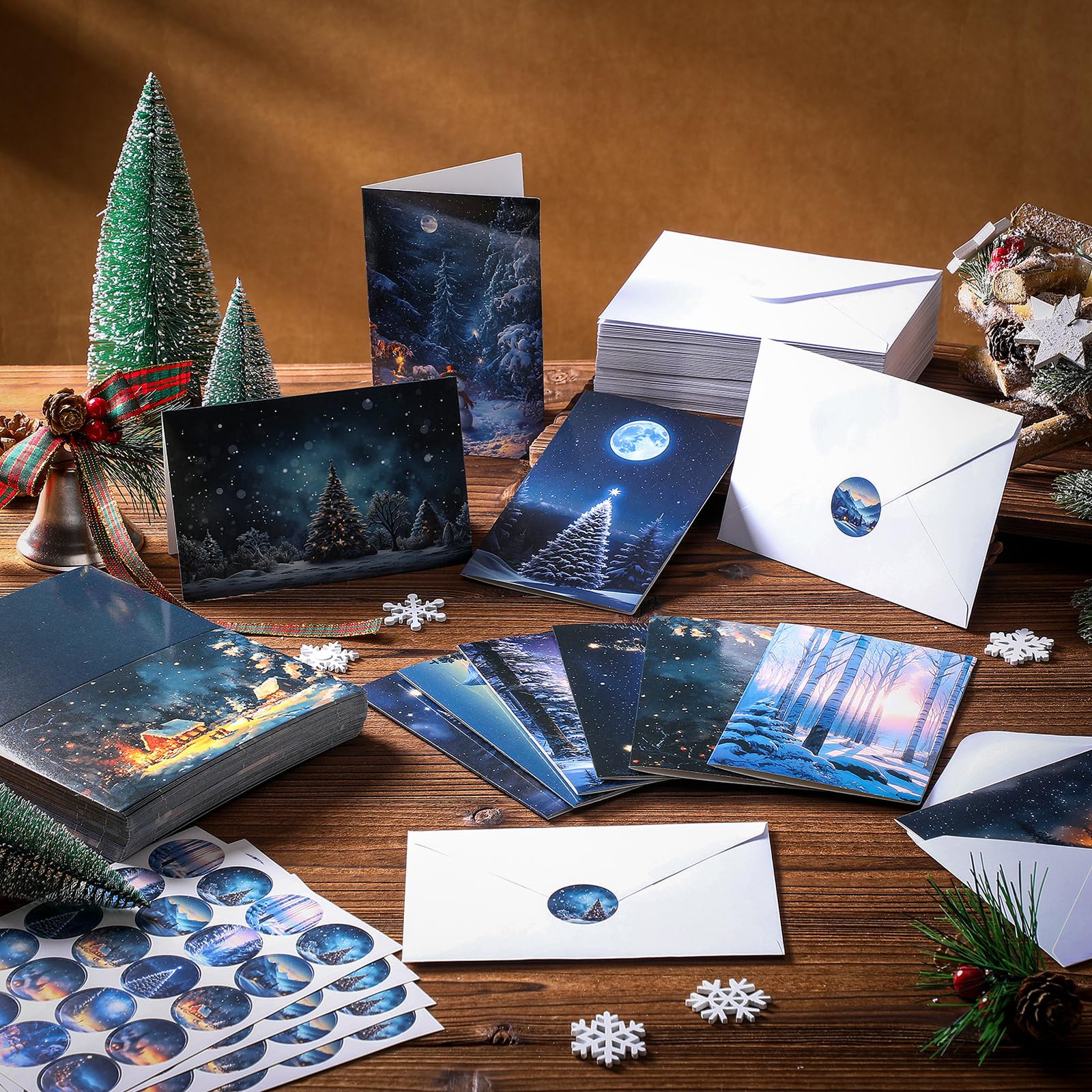 Motiskyy Lot de 100 cartes de Noël avec enveloppes et autocollants, assortiment de cartes de vœux en vrac pour Noël, Nouvel An, 10 motifs, 15,2 x 10,2 cm (forêt hivernale)