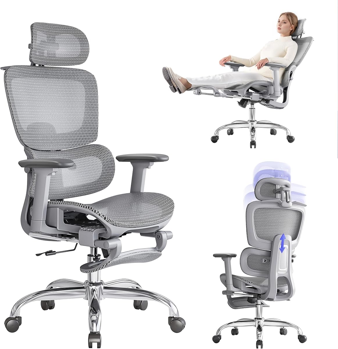 Chaise de Bureau Ergonomique avec Repose-Pieds, Fauteuil Ergonomique 5 Niveaux Réglage Dossier, Support Lombaire 2D et Accoudoirs/Tête 3D, Siège/Tête/Dos en Maille Respirante, Gris