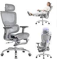 Cadeira de Escritório com Descanso para os Pés, Cadeira Ergonômica com Encosto de Cabeça 3D, Cadeira Gamer com Encosto Ajustável e Apoio de Braço 3D, Cadeira Presidente, Cadeira Mesh, Cinza