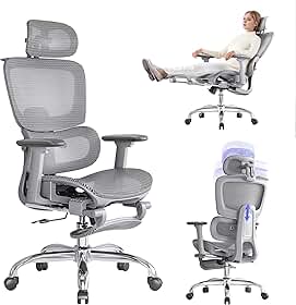 LarkLeaves Cadeira de Escritório com Descanso para os Pés, Cadeira Ergonômica com Encosto de Cabeça 3D, Cadeira Gamer com Encosto Ajustável e Apoio de Braço 3D, Cadeira Presidente, Cadeira Mesh, Cinza