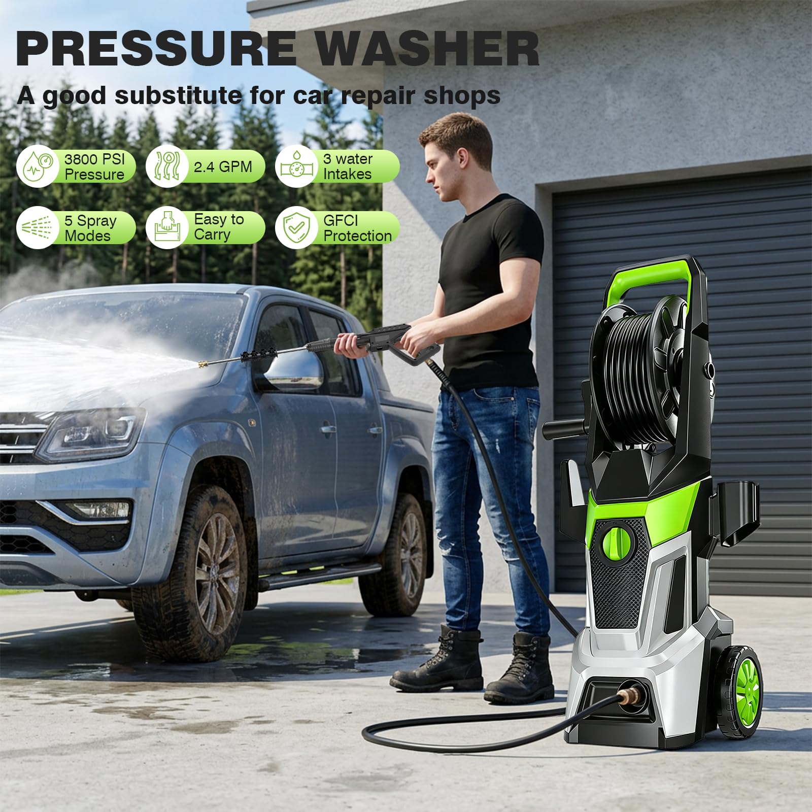 Hidrolimpiadora, presión: máx. 200 Bar, Caudal máx: 540 l/h Consumo 2000W | para Automóviles Y Superficies Externas, pistola y manguera de alta presión, boquilla turbo, lanza pulverizadora