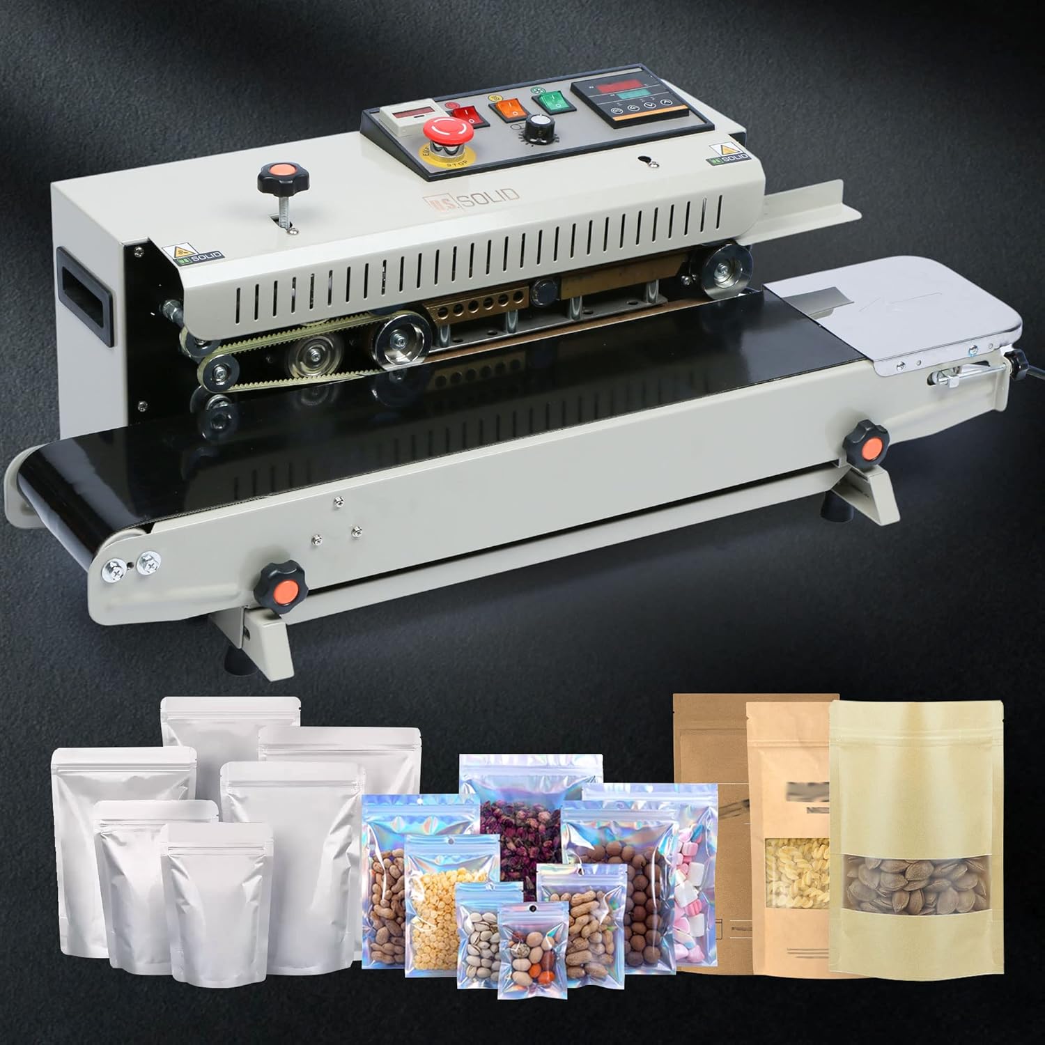 U.S. Solid Continuous Bag Band Sealer Sealing Machine, Automatic Horizontal Band Sealer with Digital Temperature Control for 0.02-0.08mm PVC Bags Films Stamp Coding 110V/60HZ