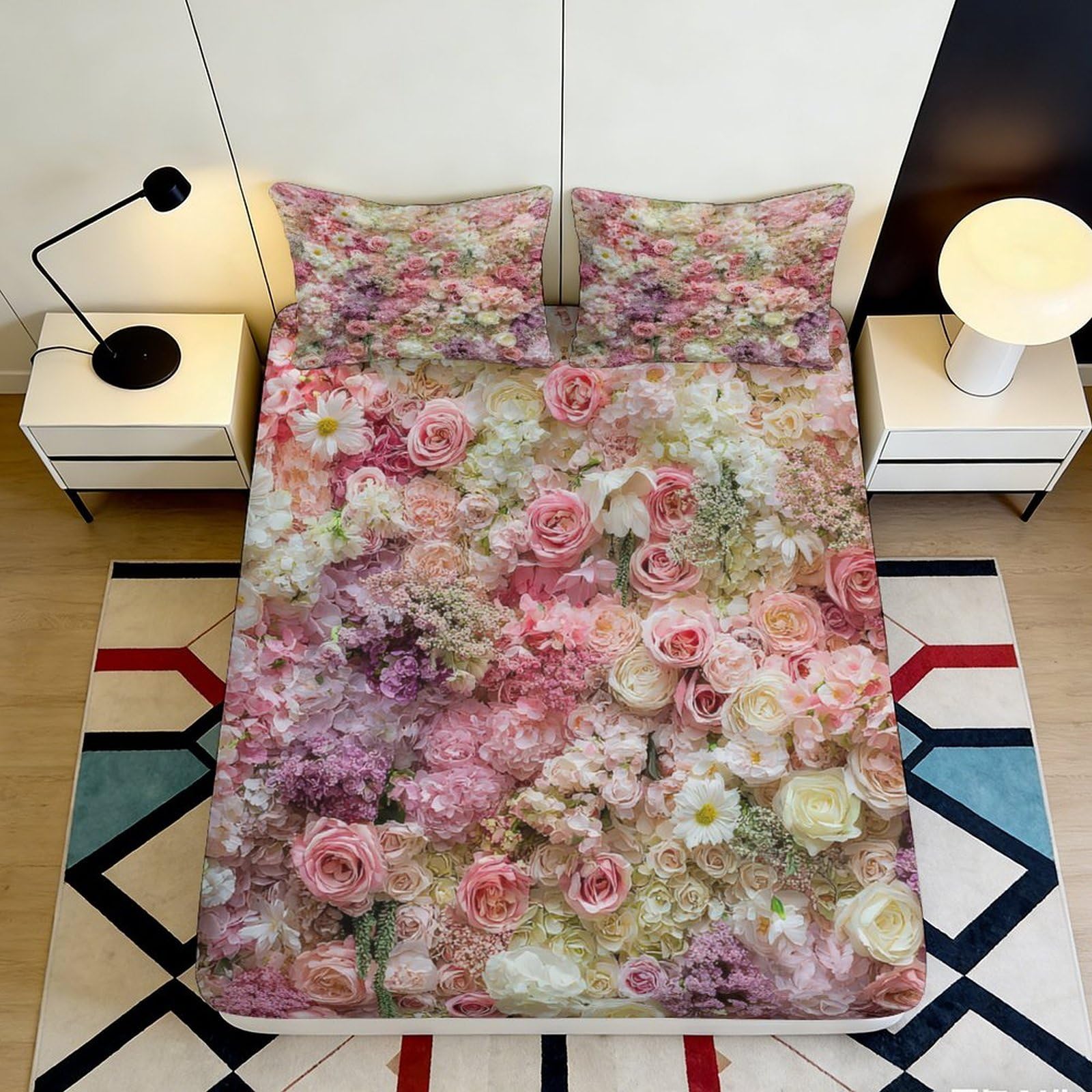 3D Printed Pink Peony Fitted Sheet Microfiber Soft Floral Blossom Mattress Cover for Bedroom Guest Room Decor 90x200x25cm