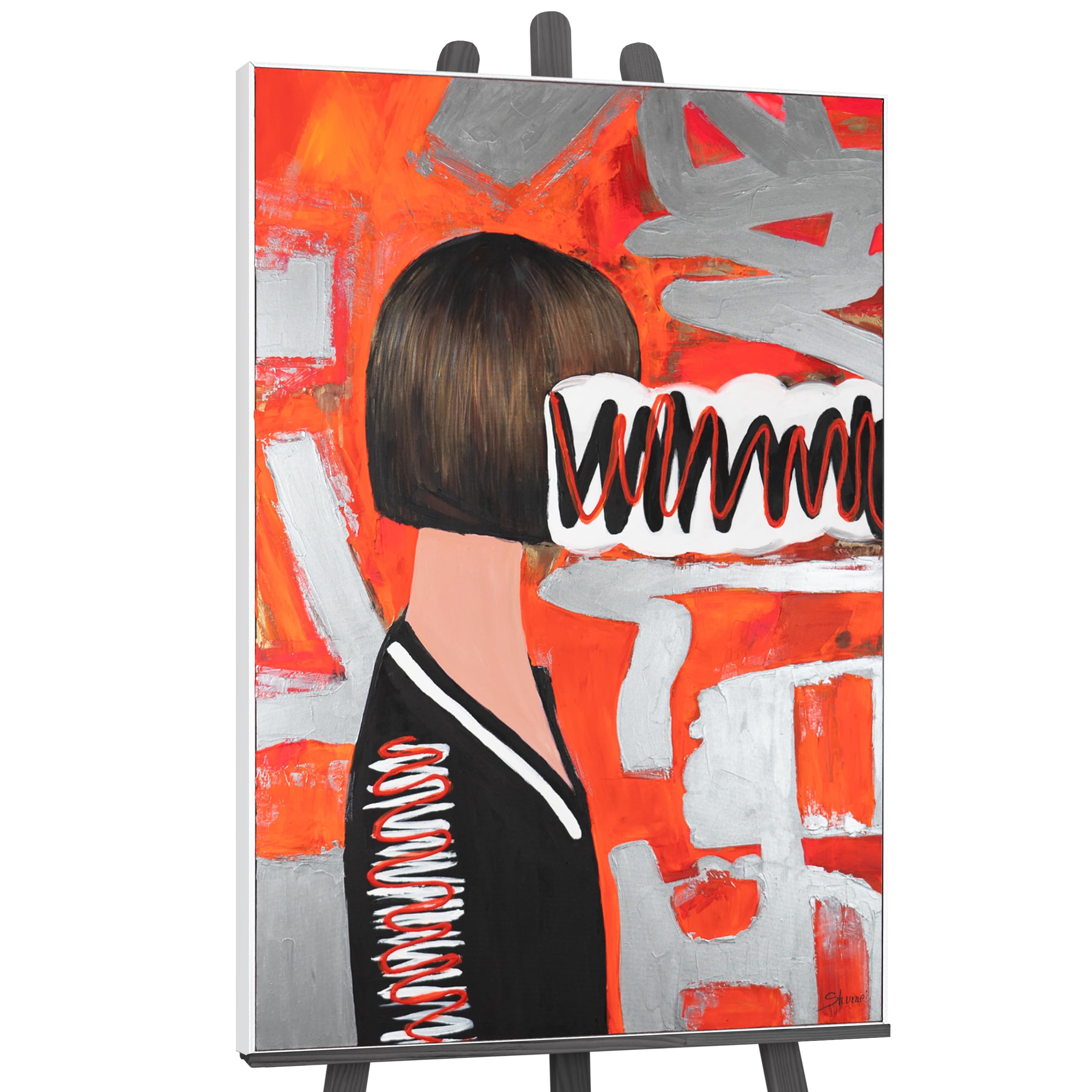 YS-Art Red abstraction acrylic painting in frame Abstract emotion Hand-painted colorful artwork with women figures Wall art for living room 48x32 inch