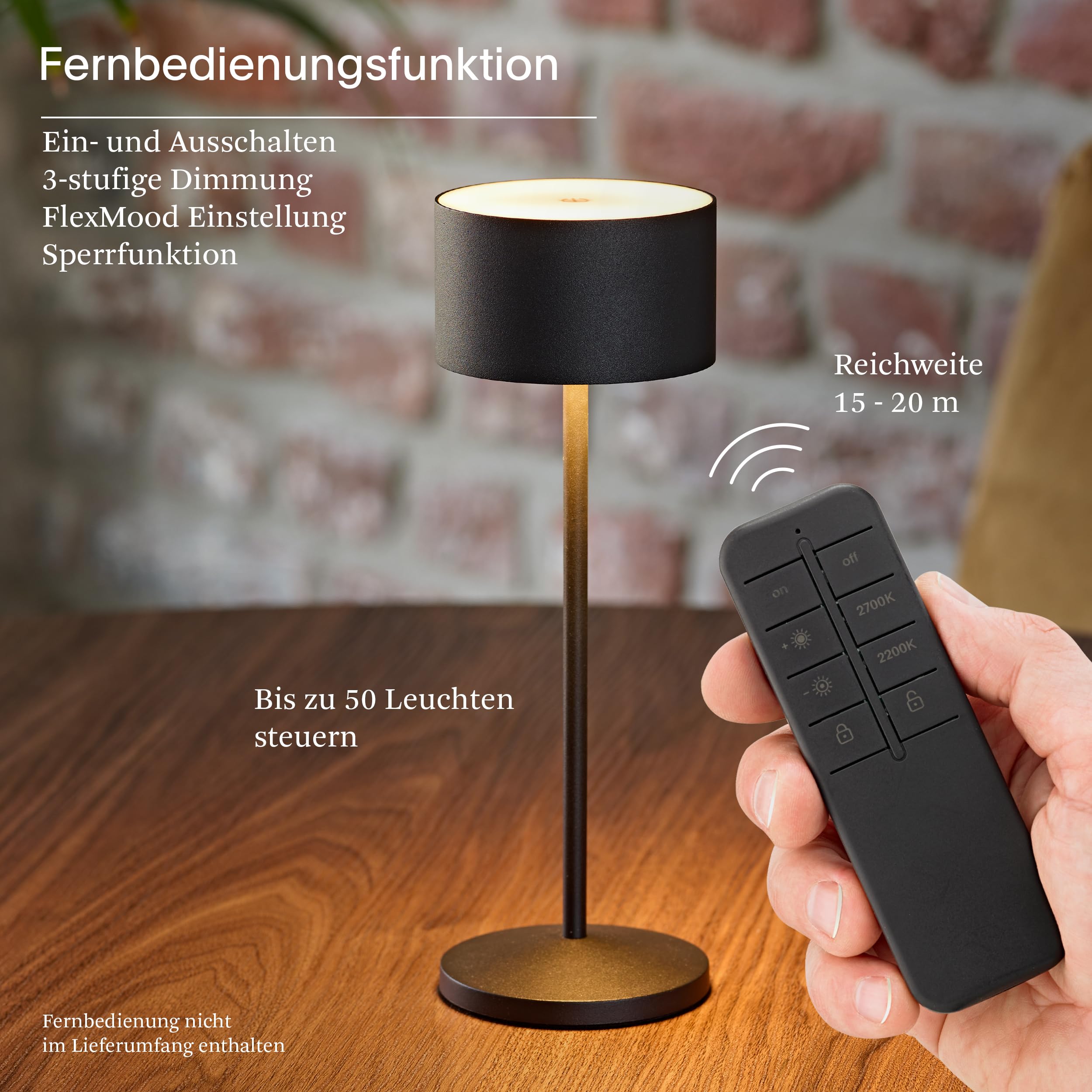 SIGOR Veluna Remote nachtschwarz - LED Akku-Tischlampe dimmbar & kabellos mit Fernbedienungsfunktion, FlexMood (2200K/2700K), bis 14h Leuchtdauer, USB-C Ladefunktion, IP44 Outdoor & Indoor