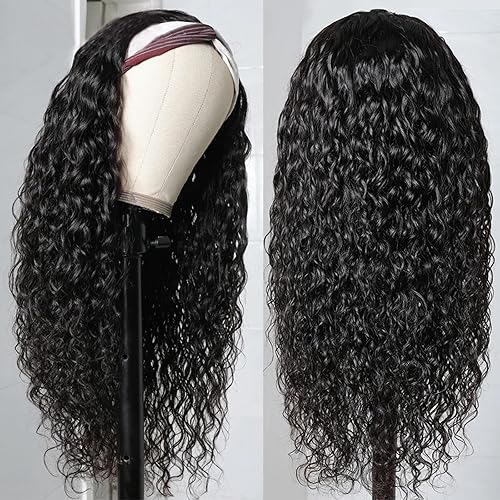Miniatura 2 de haha Peluca de cabello humano ondulado con diadema de cabello humano rizado, sin encaje frontal, peluca de cabello humano virgen brasileño húmedo y