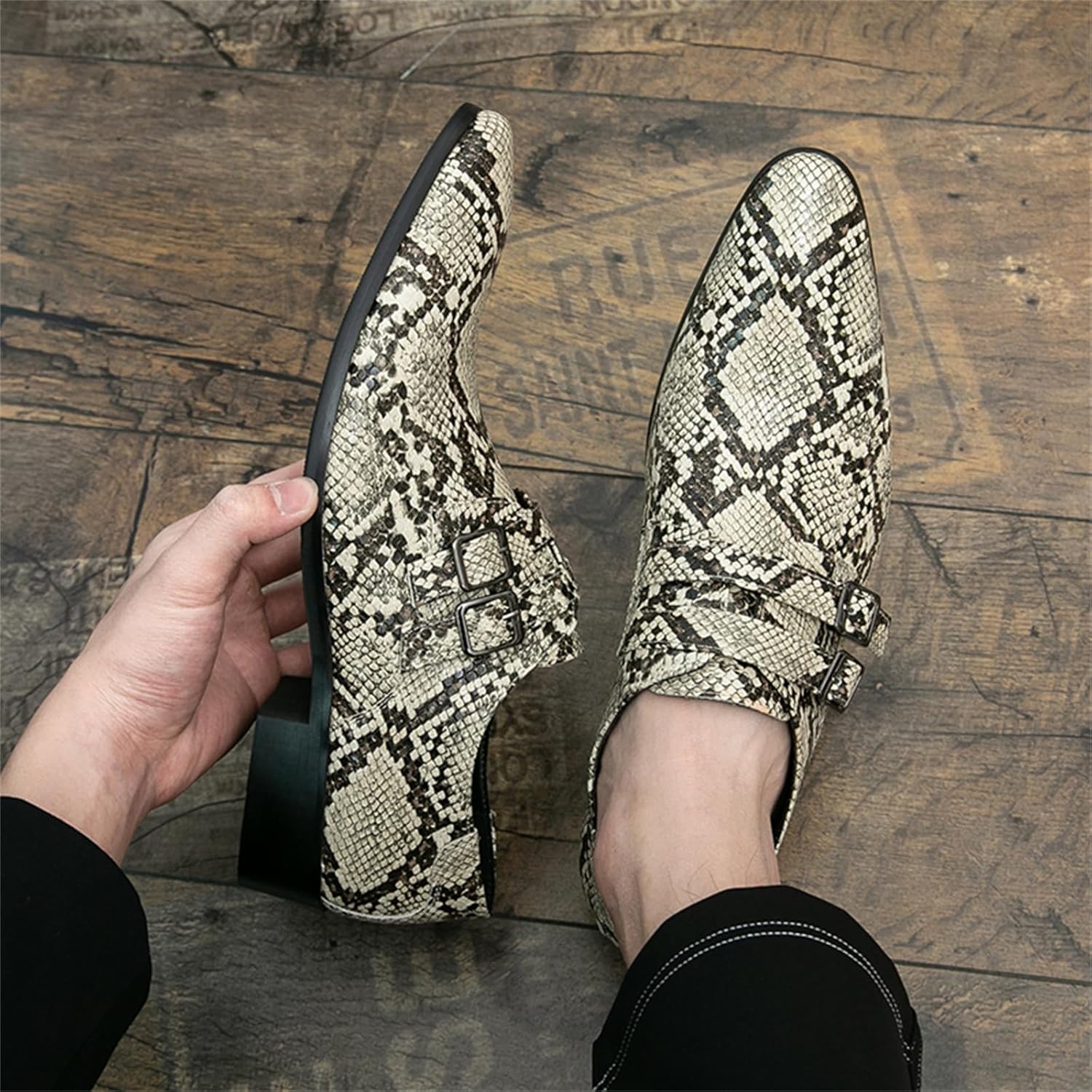 Men's Snakeskin Leather Pattern Slip On Loafers with Monk Strap Pointed Toe Low Heel Formal Dress Shoes Lightweight Breathable Footwear for Party Wedding Office Business Work