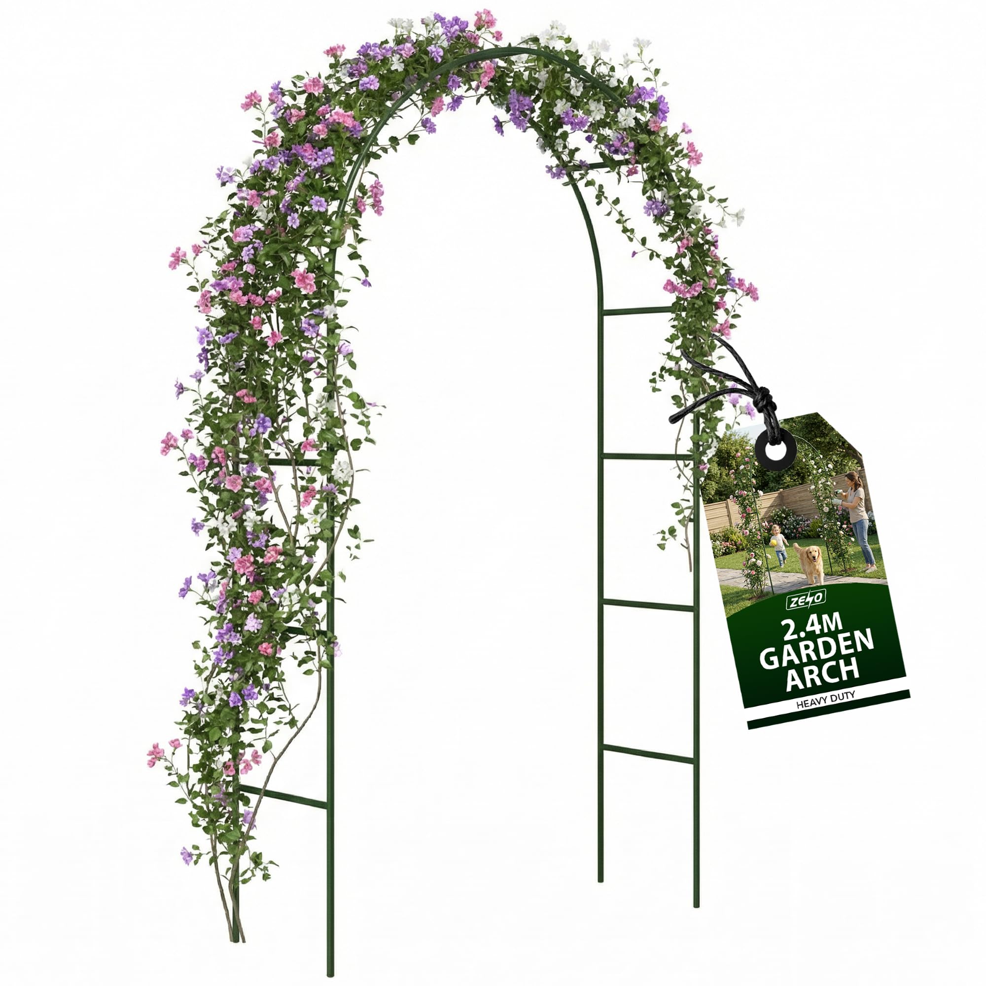 ZENO Garden Arch 2.4M | Heavy Duty Metal Garden Arch | Green Garden Frame Arch for Climbing Plants | Garden Arches for Outdoor, Backyard, Lawn, Patio, Courtyard, Wedding Decorations