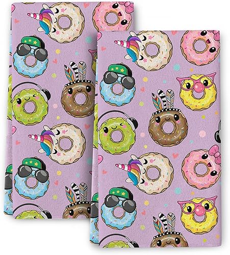Juego de 2 paños de cocina de donas de dibujos animados para secar, juego de 2, toallas de mano suaves y absorbentes para cocina, divertidos paños
