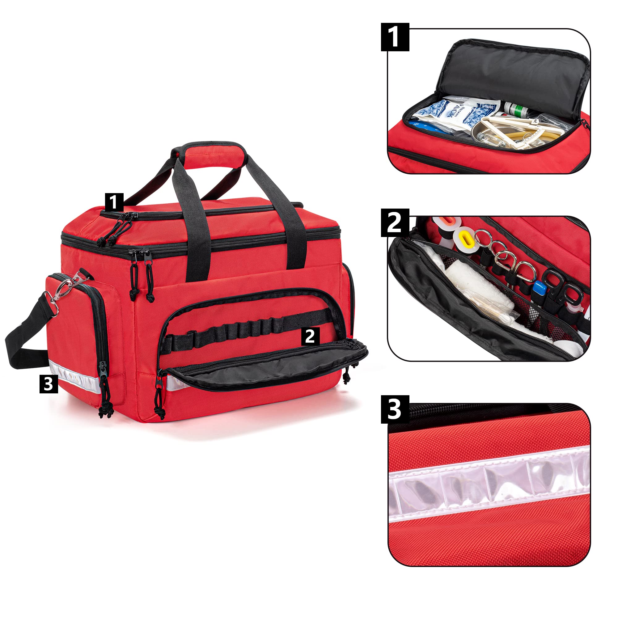 Damero Borsa medica per trauma, borse di pronto soccorso Borsa medica vuota con divisori rimovibili, ideale per infermieri, fisioterapisti, medici, rosso