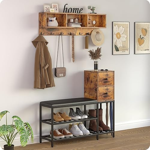 Miniatura 7 de Banco de 39 pies para entrada, zapatero con 2 cajones, 7 en 1, madera rústica