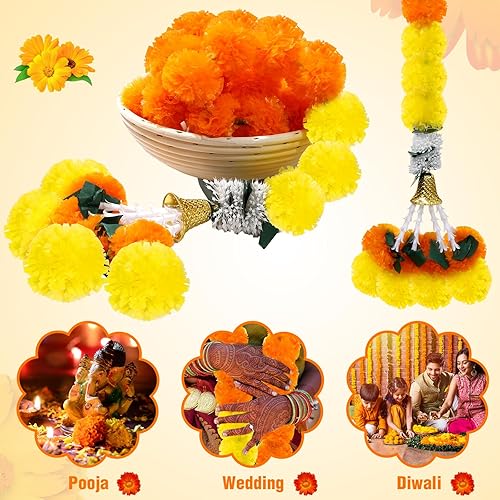 Miniatura 6 de 5 guirnaldas de caléndula para decoración de flores artificiales de caléndula de 5 pies de largo, decoración tradicional india, guirnaldas largas